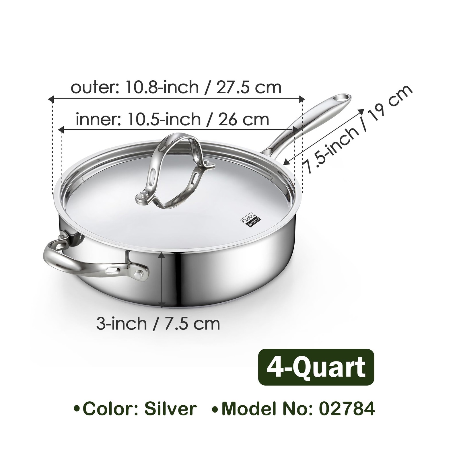 4-Quart Stainless Steel Sauté Pan with Lid, 10.5-inch Deep Frying Pan Induction