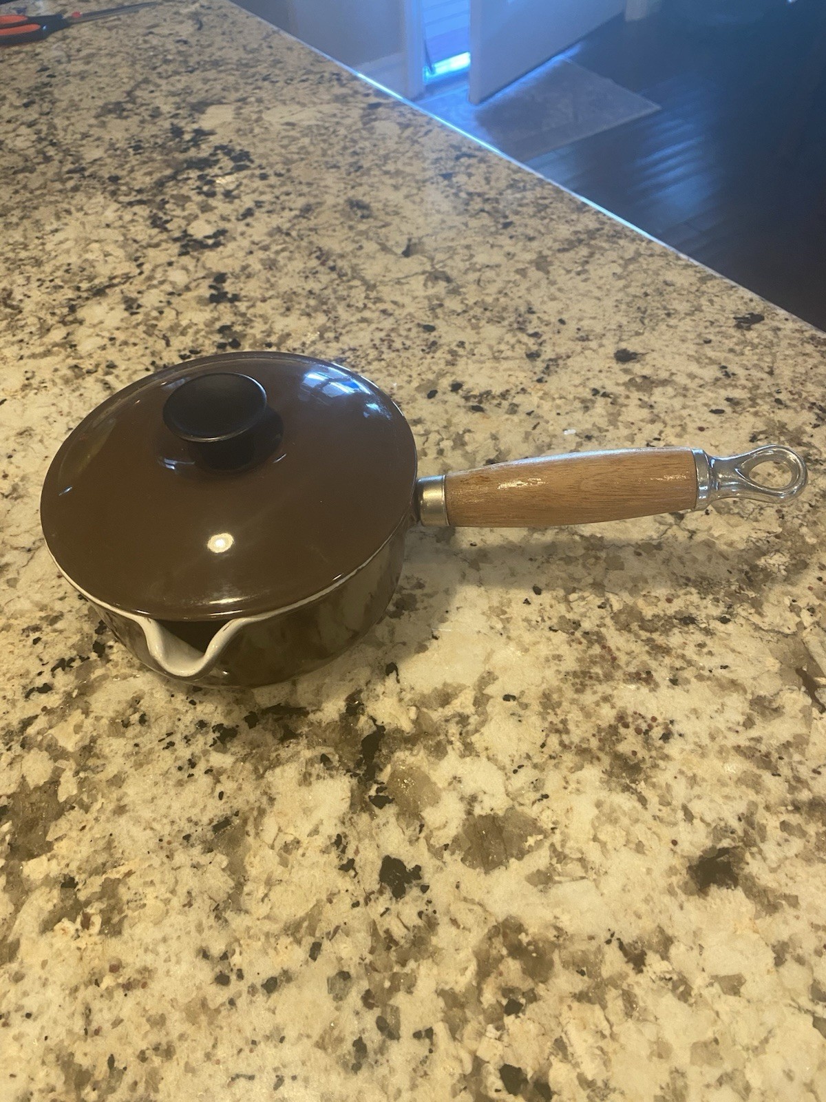 Le Creuset 14 Brown Enamel Cast Iron Saucepan w/ Lid Wood Handle 0.6 qt