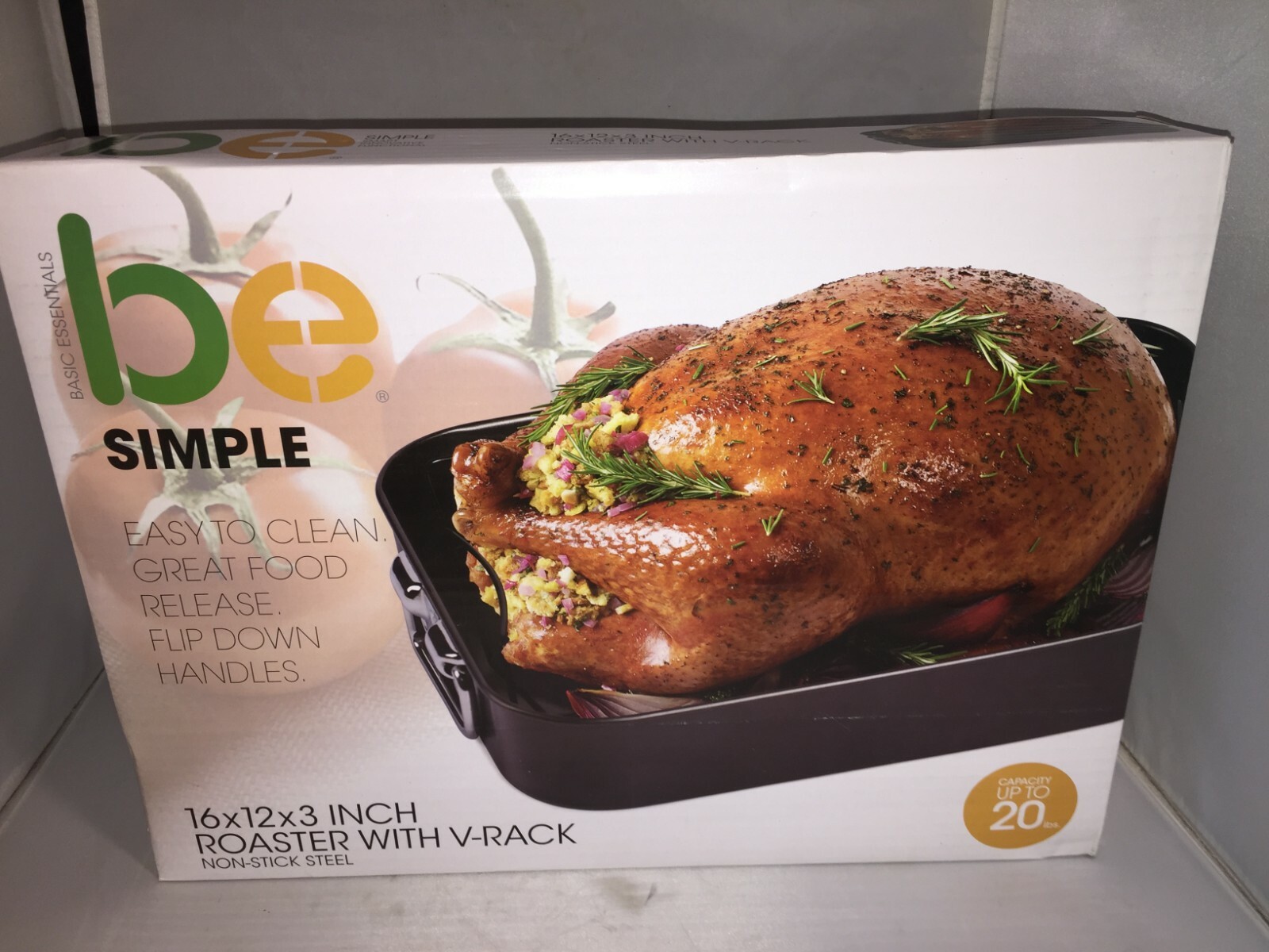 Basic Essentials Simple Roaster Pan with drop down handles and V-Rack 16x12x3