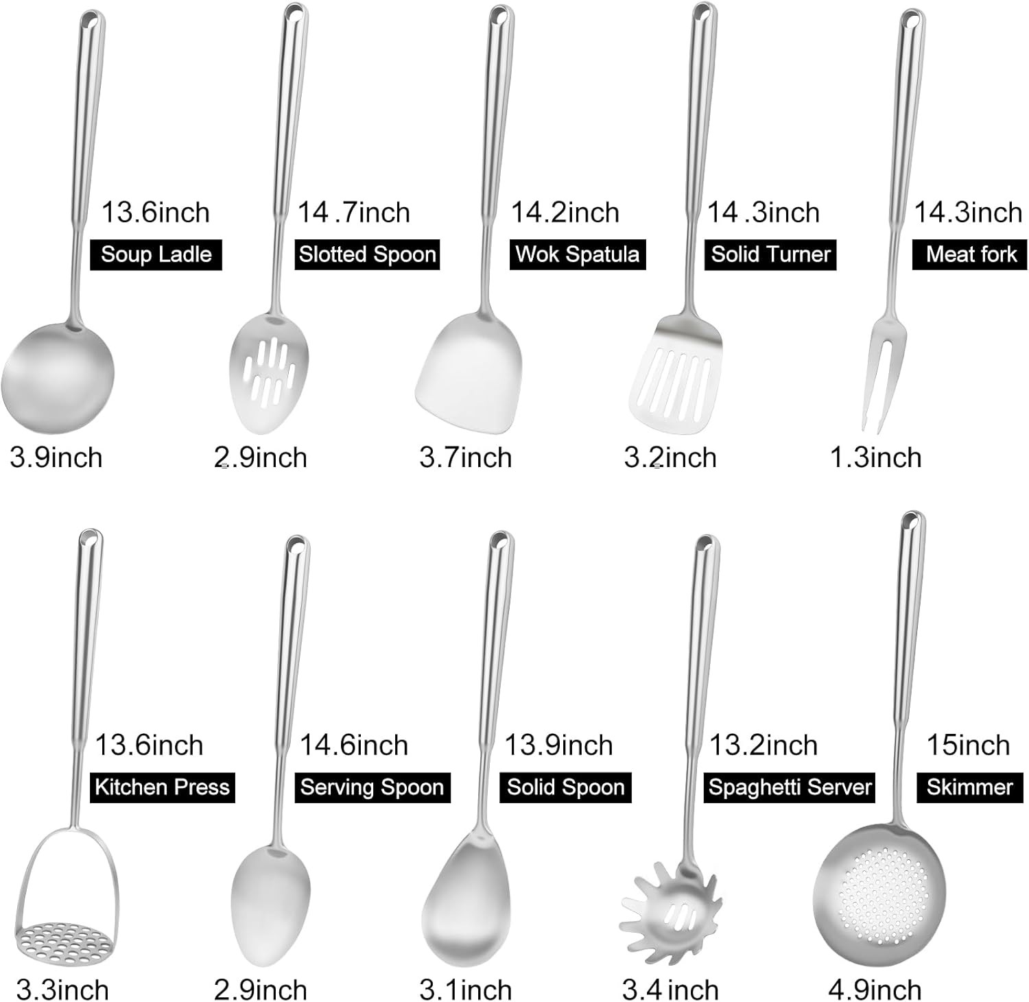 18 10 Stainless Steel Cooking Utensils Set, 10pcs Long Metal Kitchen Utensils