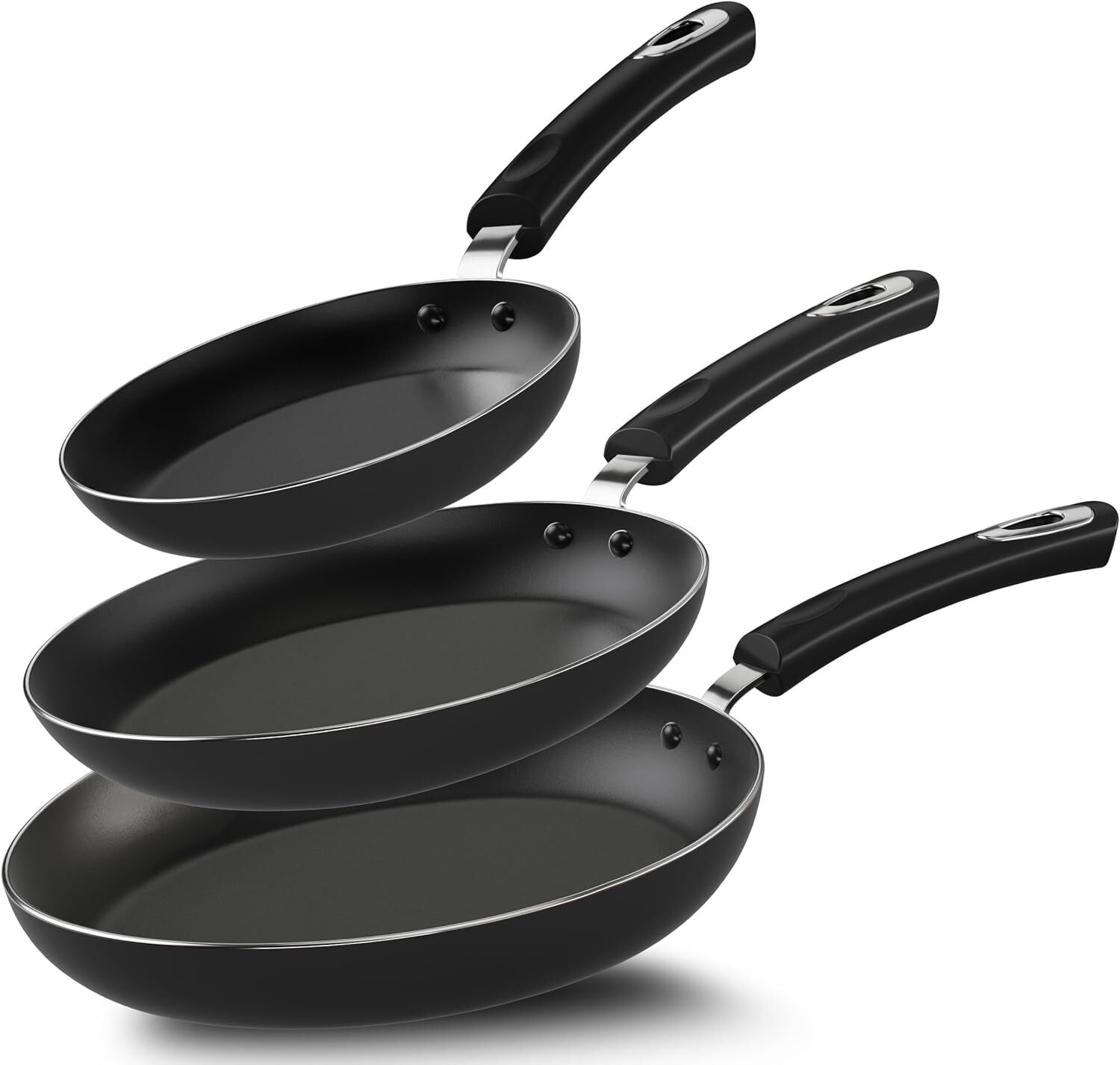 Non-Stick 3-Piece Skillet Set, 8, 9.5 and 11-Inch Skillets with Handles, Gray