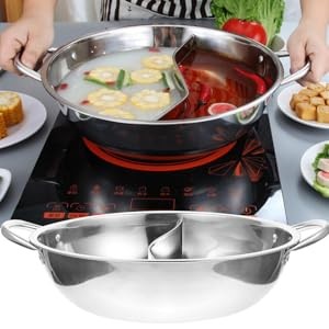Stainless Steel Split Hot Pot with Lid 12.6 Inch Dual Section Induction Cooker