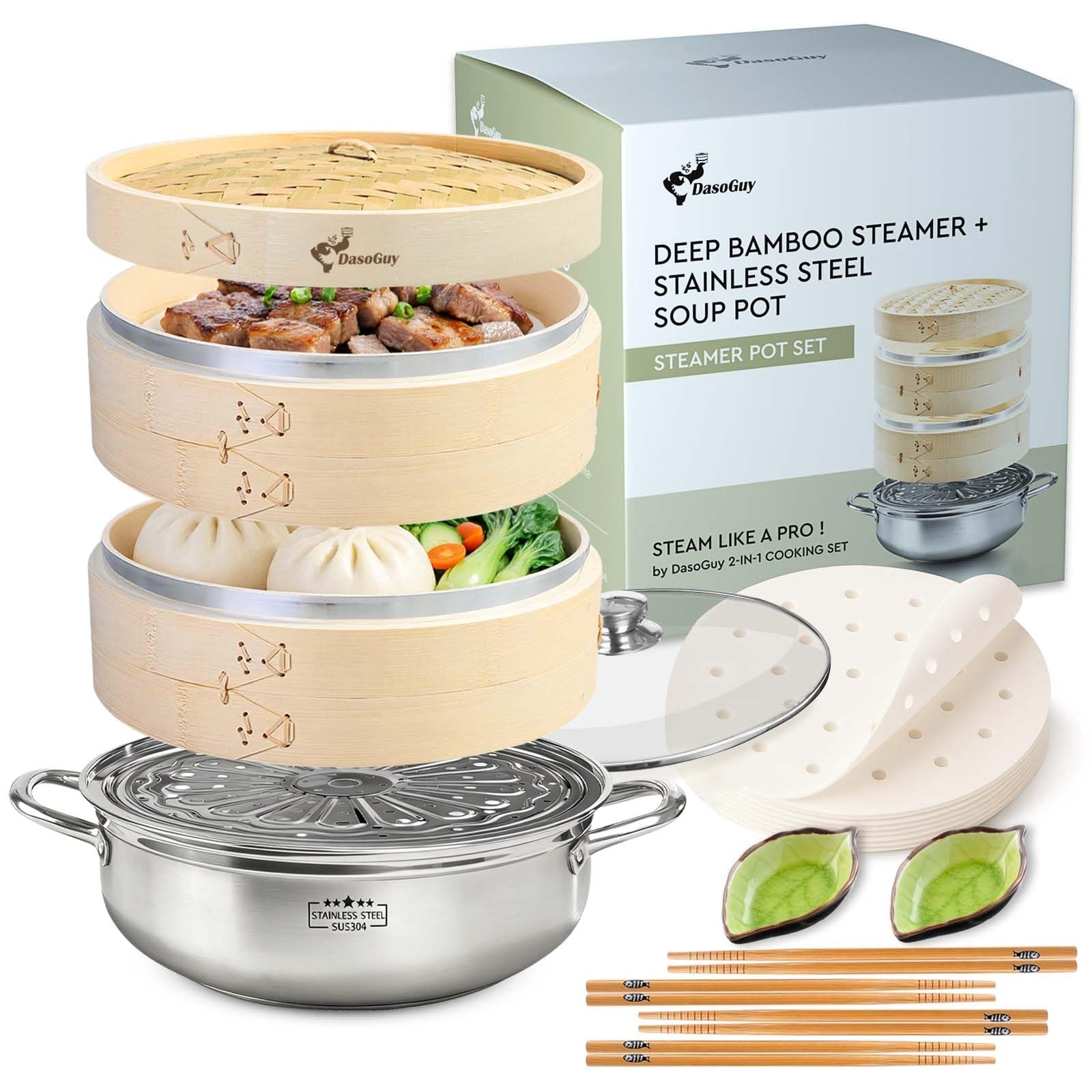 Extra Deep 10-Inch Bamboo Steamer Basket 5.5QT Stainless Steel Steam Pot Set …