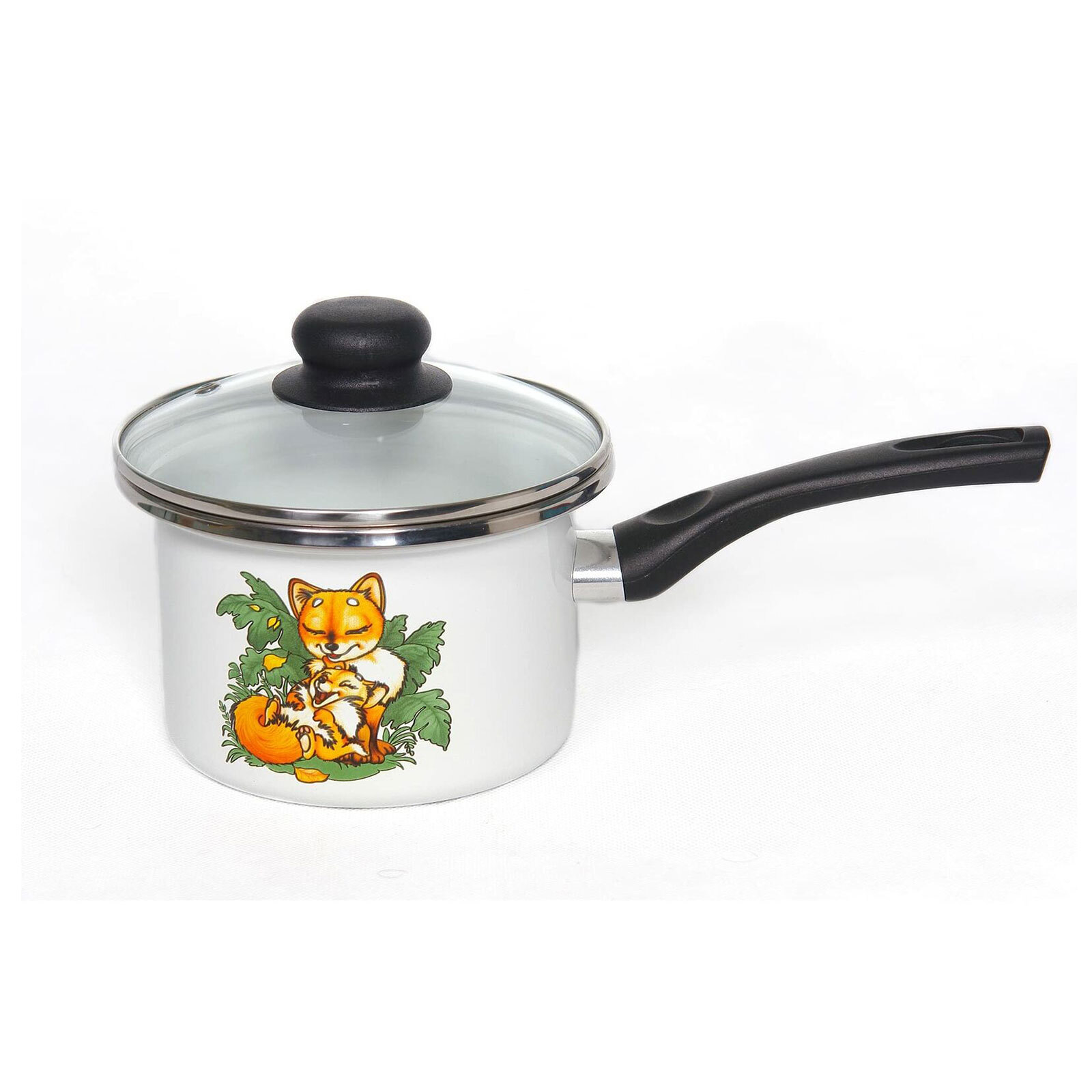 Classic Enameled Black Helper Handle Home Kitchen Cooking Stewpan, Foxes, 1.6 Qt