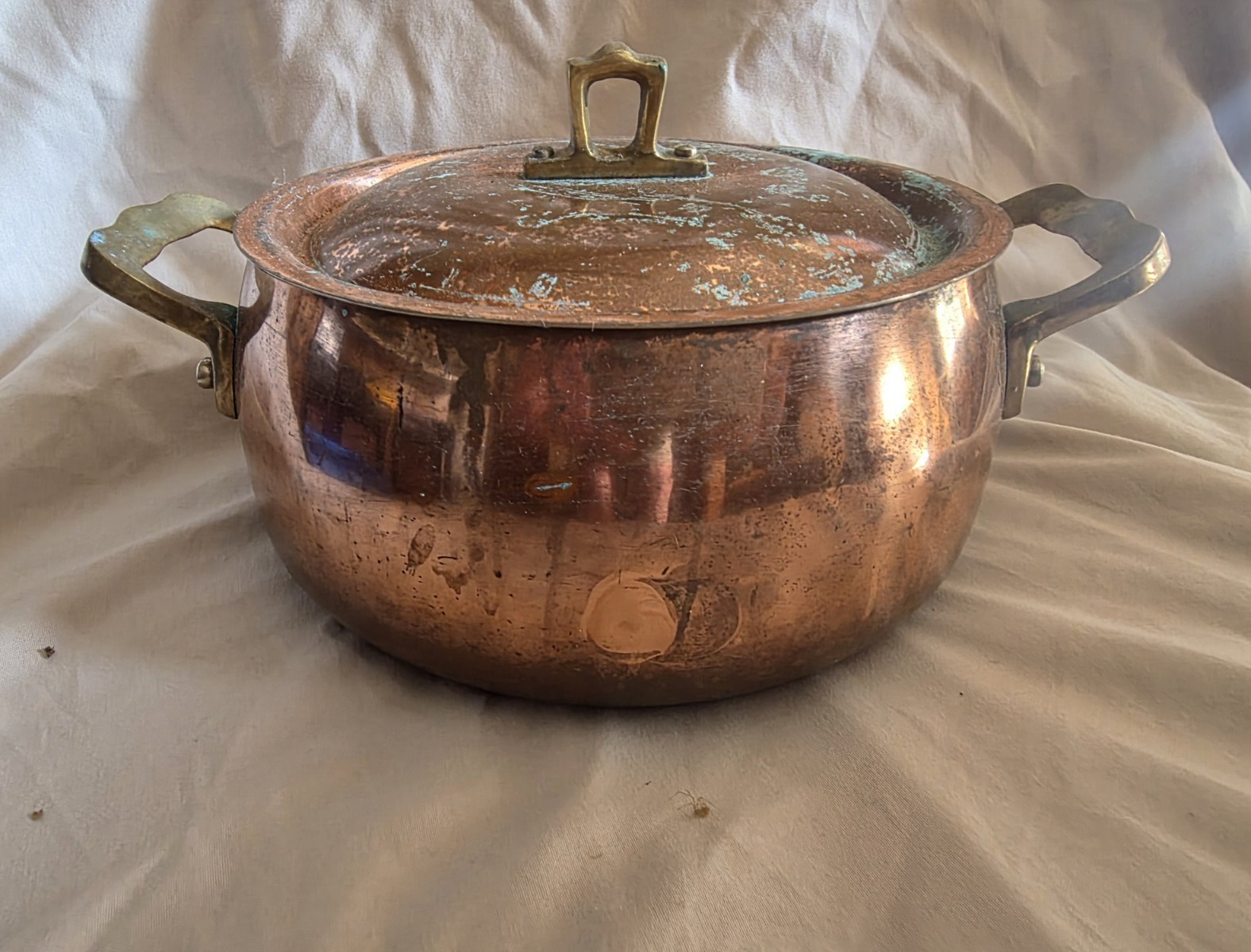 Vintage Italian Copper Stockpot with Lid, Double Handles, Round 2-Piece Set