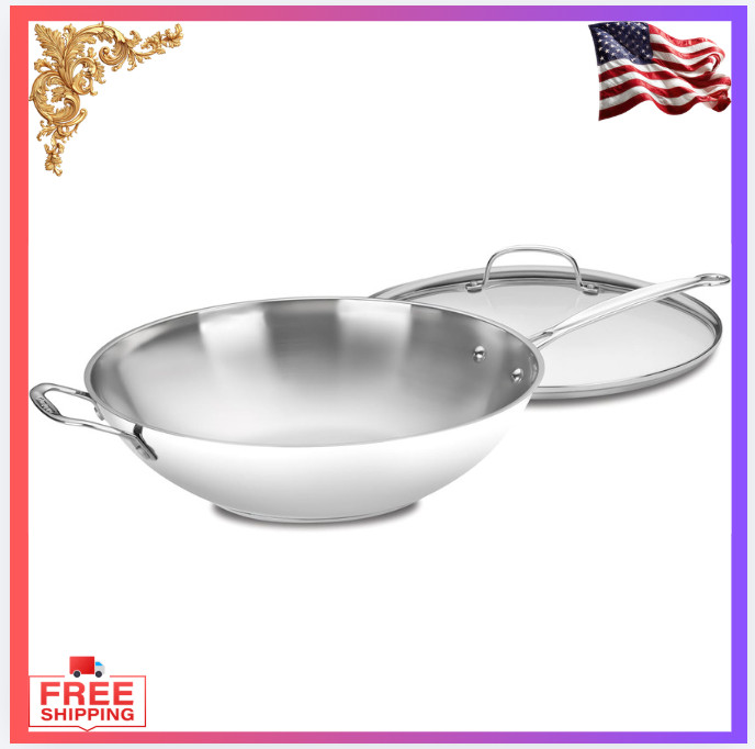 14″ Stainless Steel Stir-Fry Pan with Glass Lid & Helper Handle