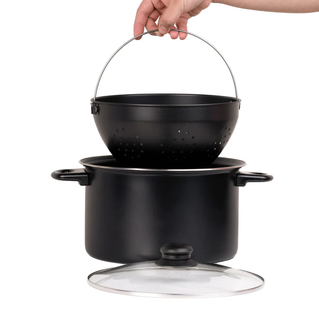 Non-Stick Easy Strain Pot Tilt Cookware 3-pc Black Clear Steam Release Lid NEW