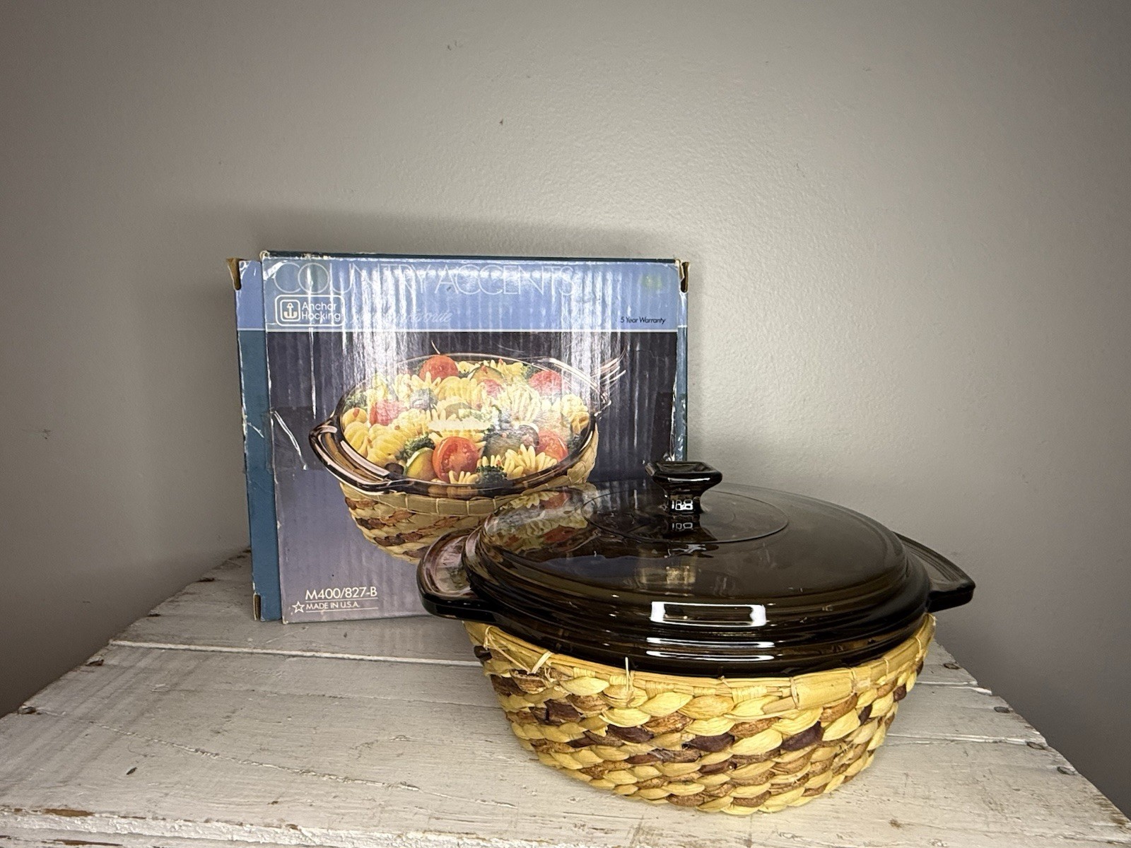 Vtg Anchor Hocking Basket Buffet Harvest Amber 1.5qt Casserole New in Box M400