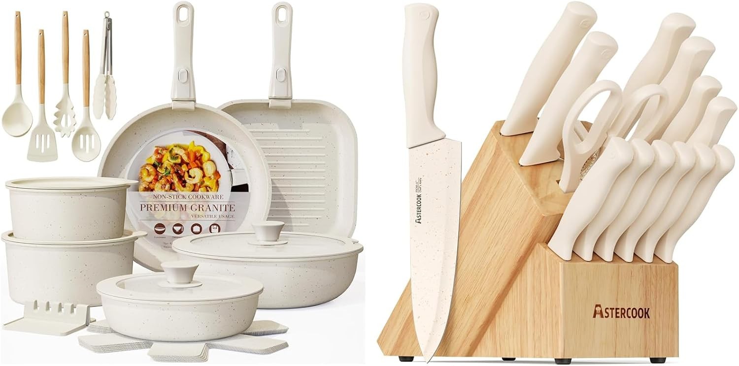 23 Pcs Pots and Pans Non Stick Ceramic Cookware Set, and 15 Pcs Kitchen Knife