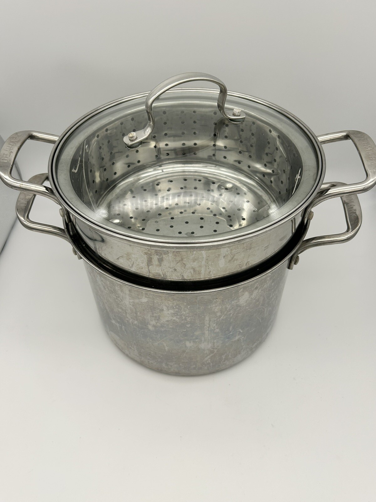 Denmark for Cooks Stainless Stock Pasta pot w/ Strainer steamer glass lid