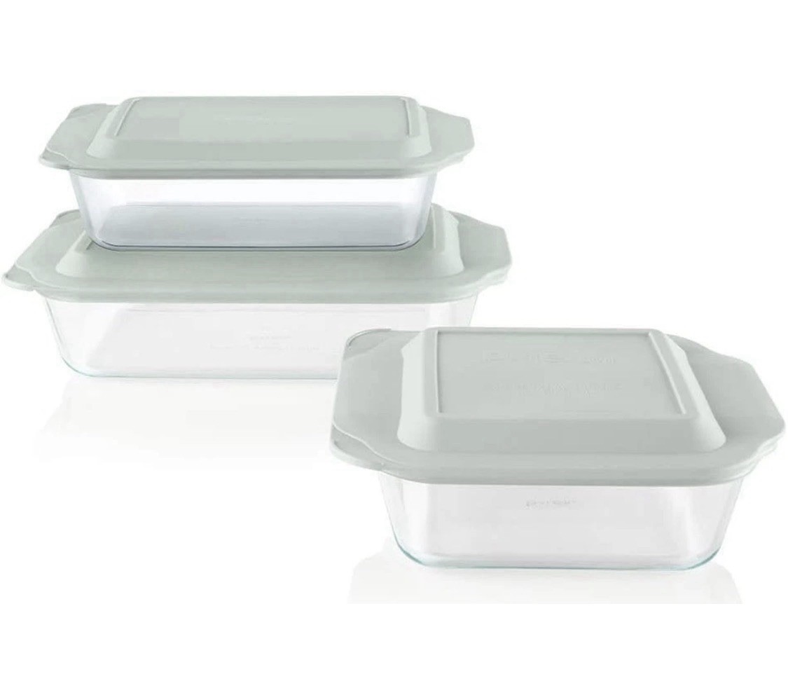 Pyrex Deep 6pc Glass Baking Dish Set (9″X13″, 7″X11″, 8″X8″) Bpa-Free Sage Lids
