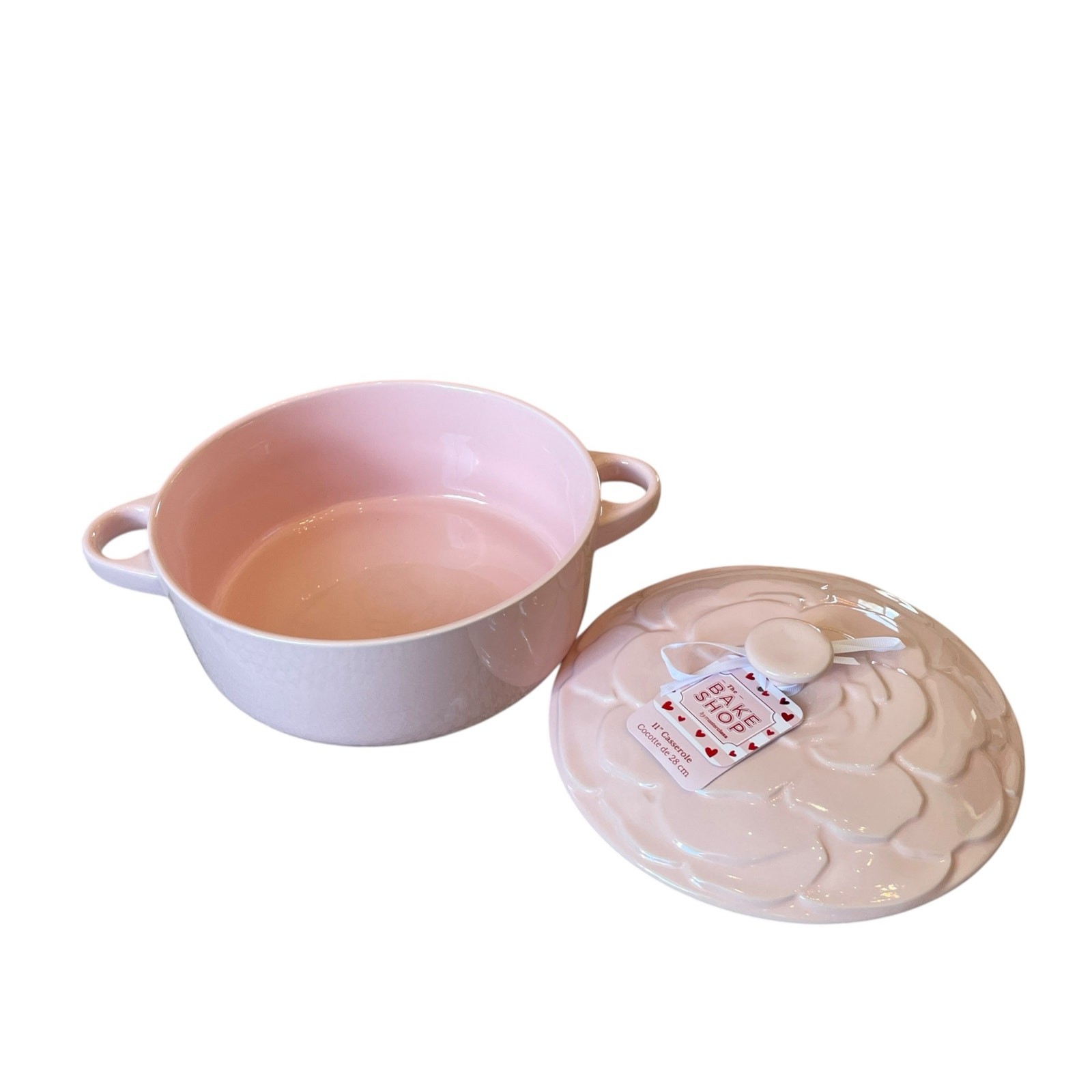 The Bake Shop Rose Embossed Casserole Dish w/ Lid 11in Large Pastel Pink New