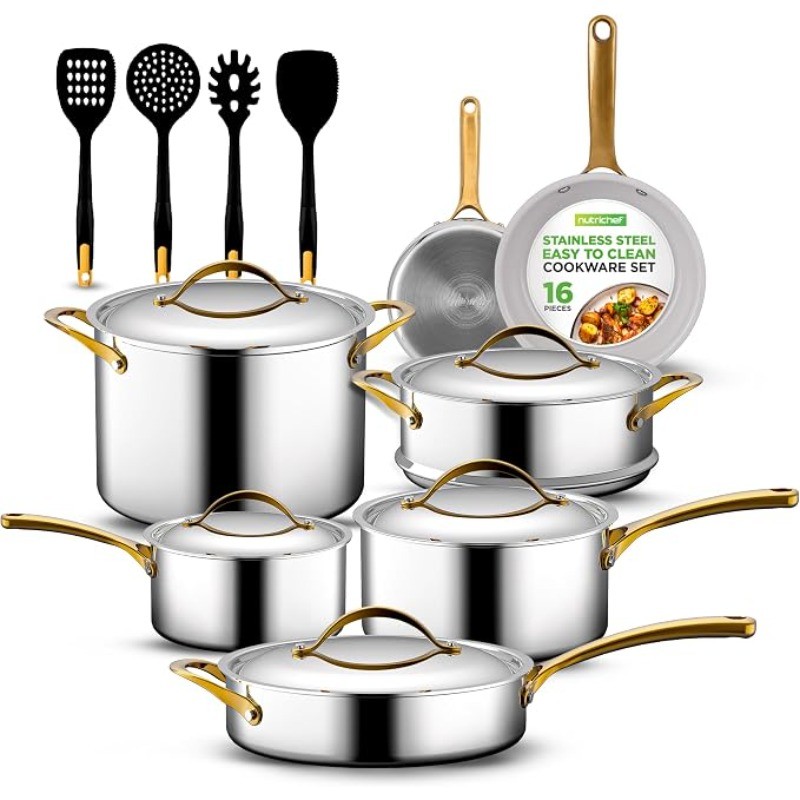 NutriChef 16-Piece Stainless Steel Kitchenware – Pots & Pans Set Clad Kitchen