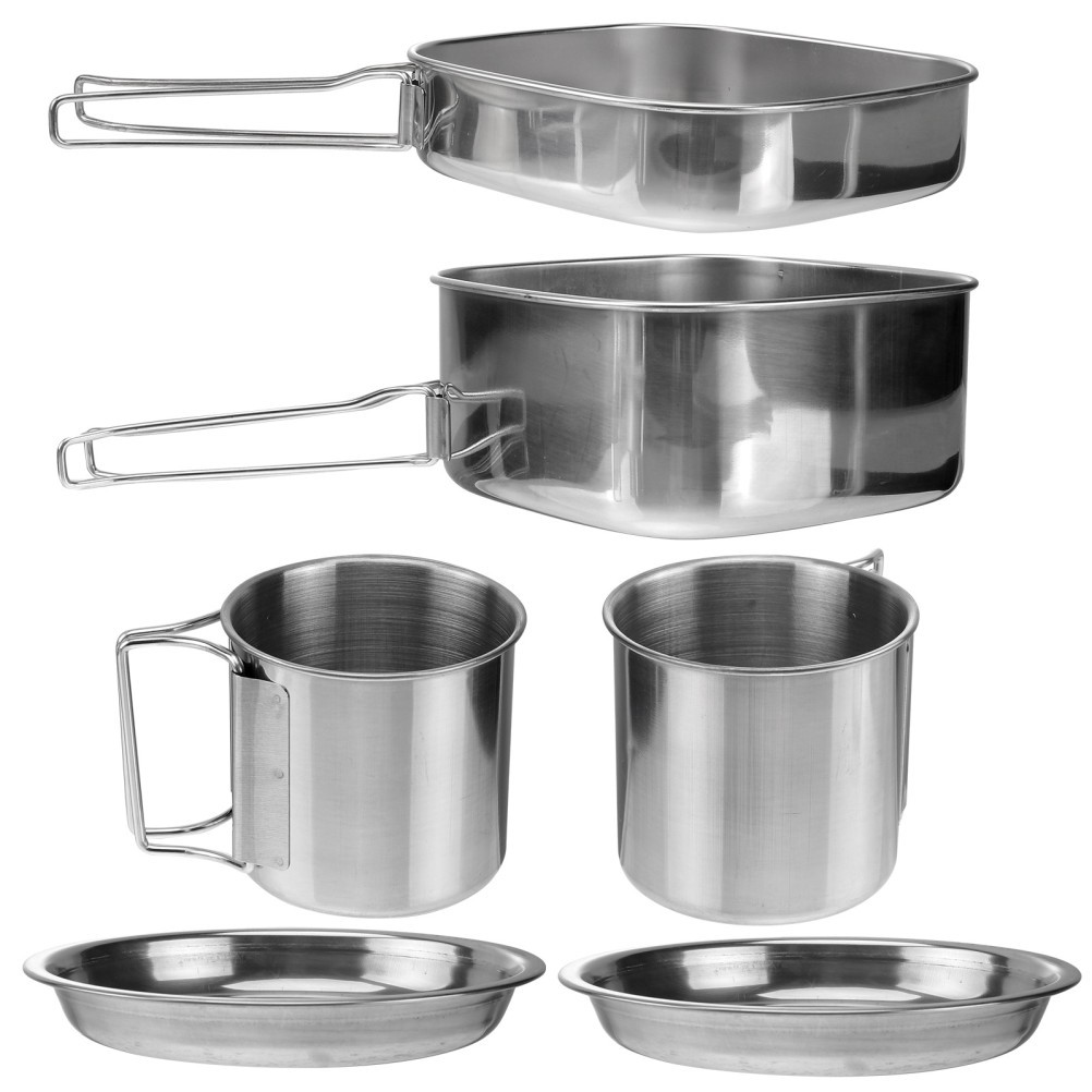 6 Piece Portable Stainless Steel Cookware Set Picnic Pot Frying Pan Plates Cups