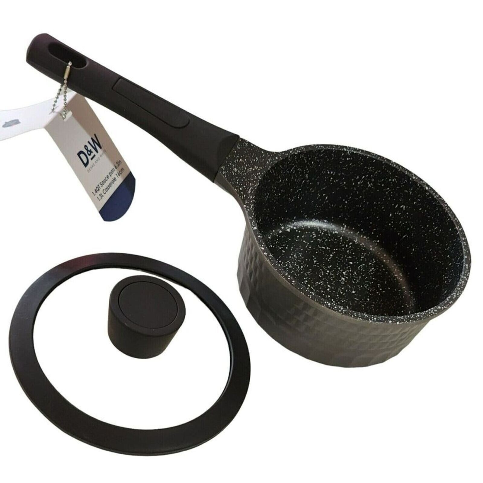D&W Premium Cookware 7in Saucepan Casserole Nonstick With Glass Lid 1.9QT Black