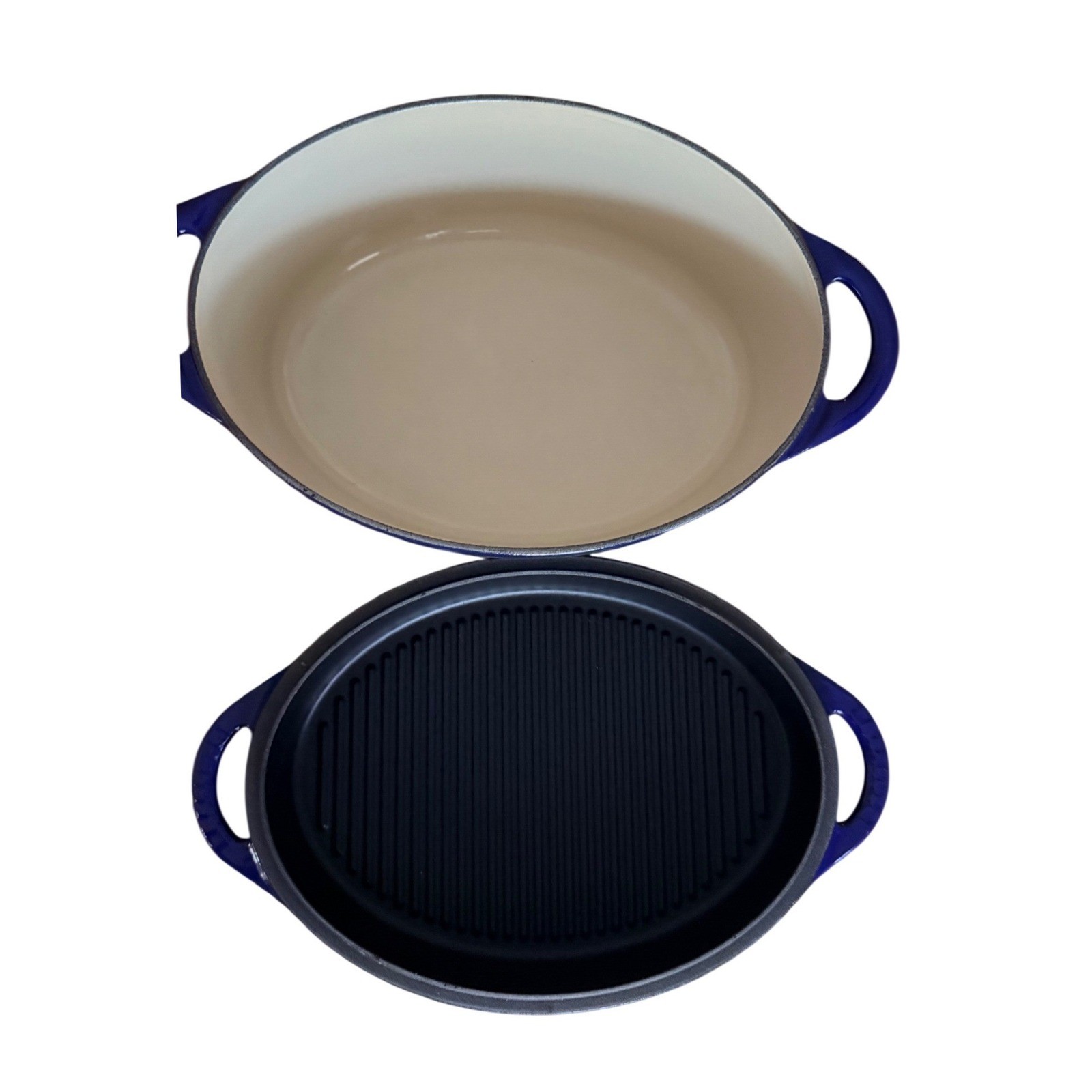 Le Creuset Blue Enameled Cast Iron 2-in-1 Oval Dutch Oven with Grill Pan Lid 28