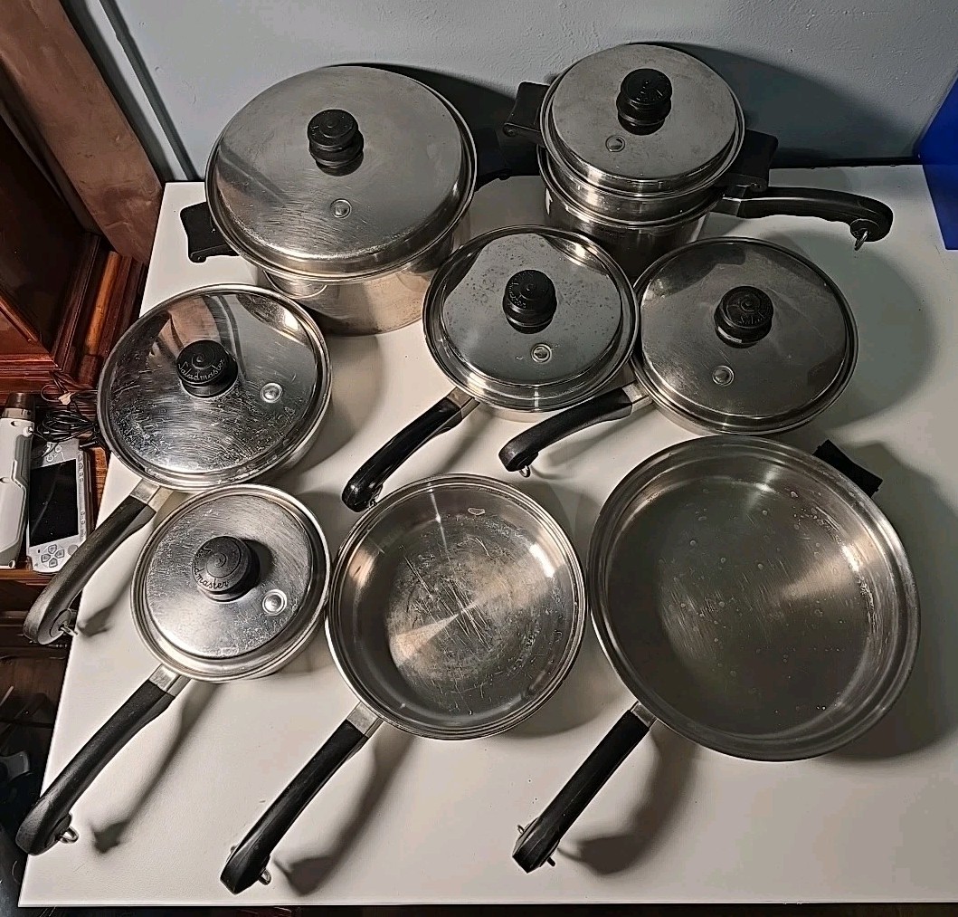 Vtg 19 Piece SALADMASTER Stainless Steel Cookware Vapo Lids 18-8 and T304S