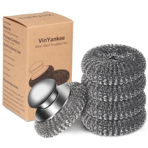 5Pcs Steel Wool Scrubber with Replacement Wire Sponge Pads Set, 1 Handle+4 Pads