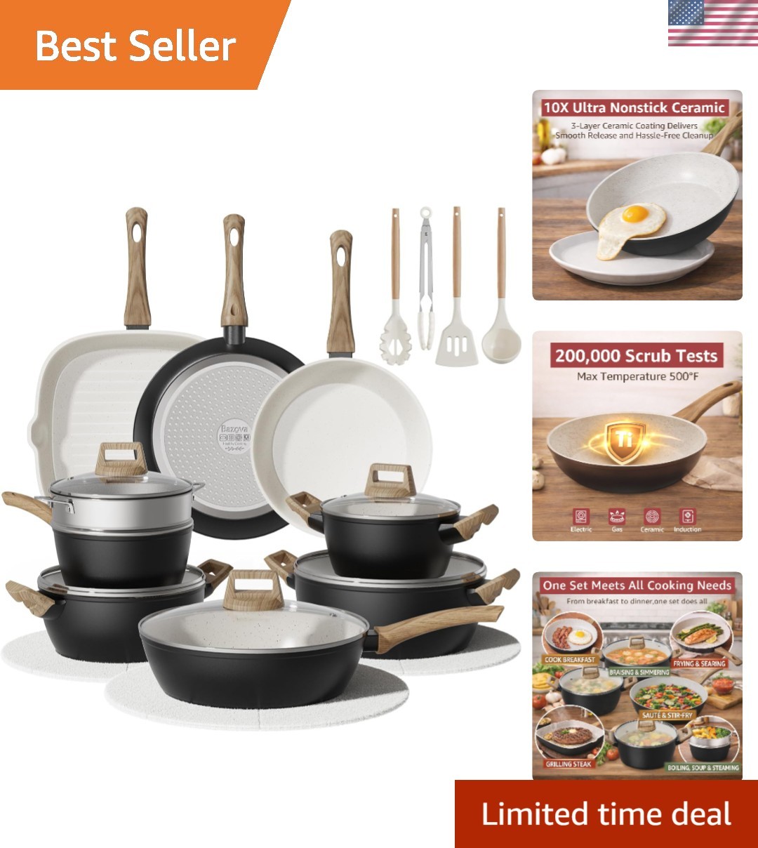 Bazova 24-Pcs Non-Toxic Cooking Set: Durable Ceramic & Titanium-Enhanced Design