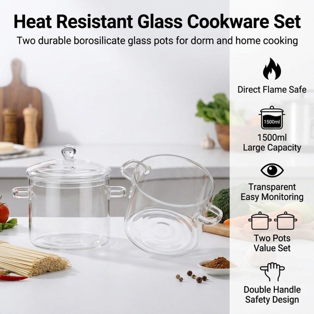 Borosilicate Glass Cooking Pot 1500ml Heat Resistant Stew Pan for Kitchen 2 Pack