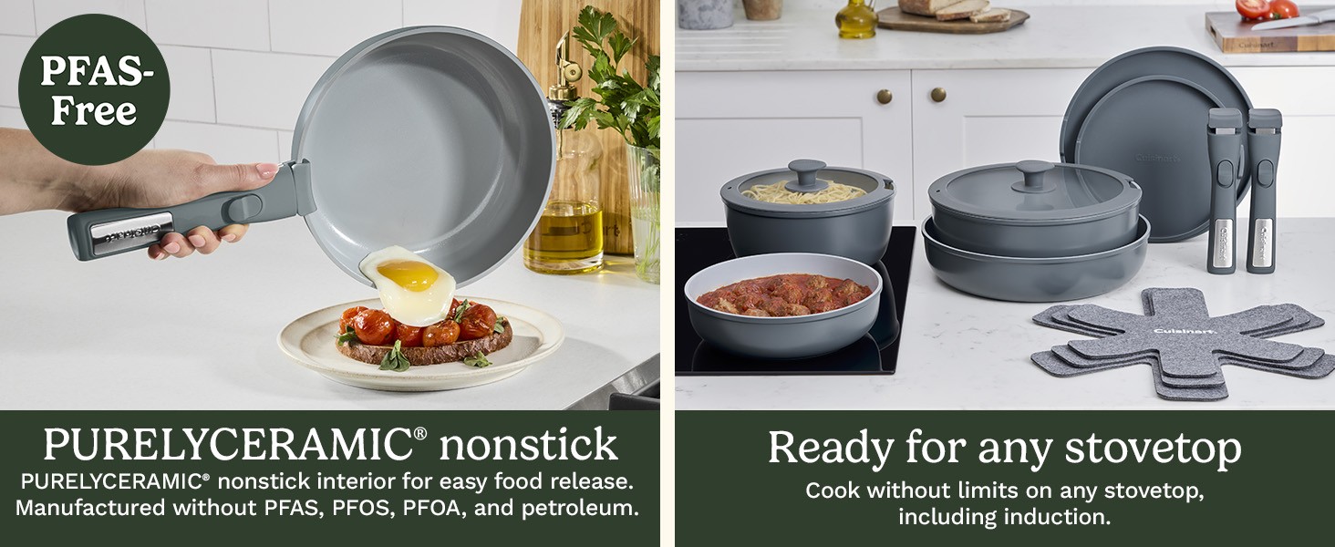 13-Pc, ClickSmart Nonstick Detachable Handle Ceramic Cookware, Pots and Pans