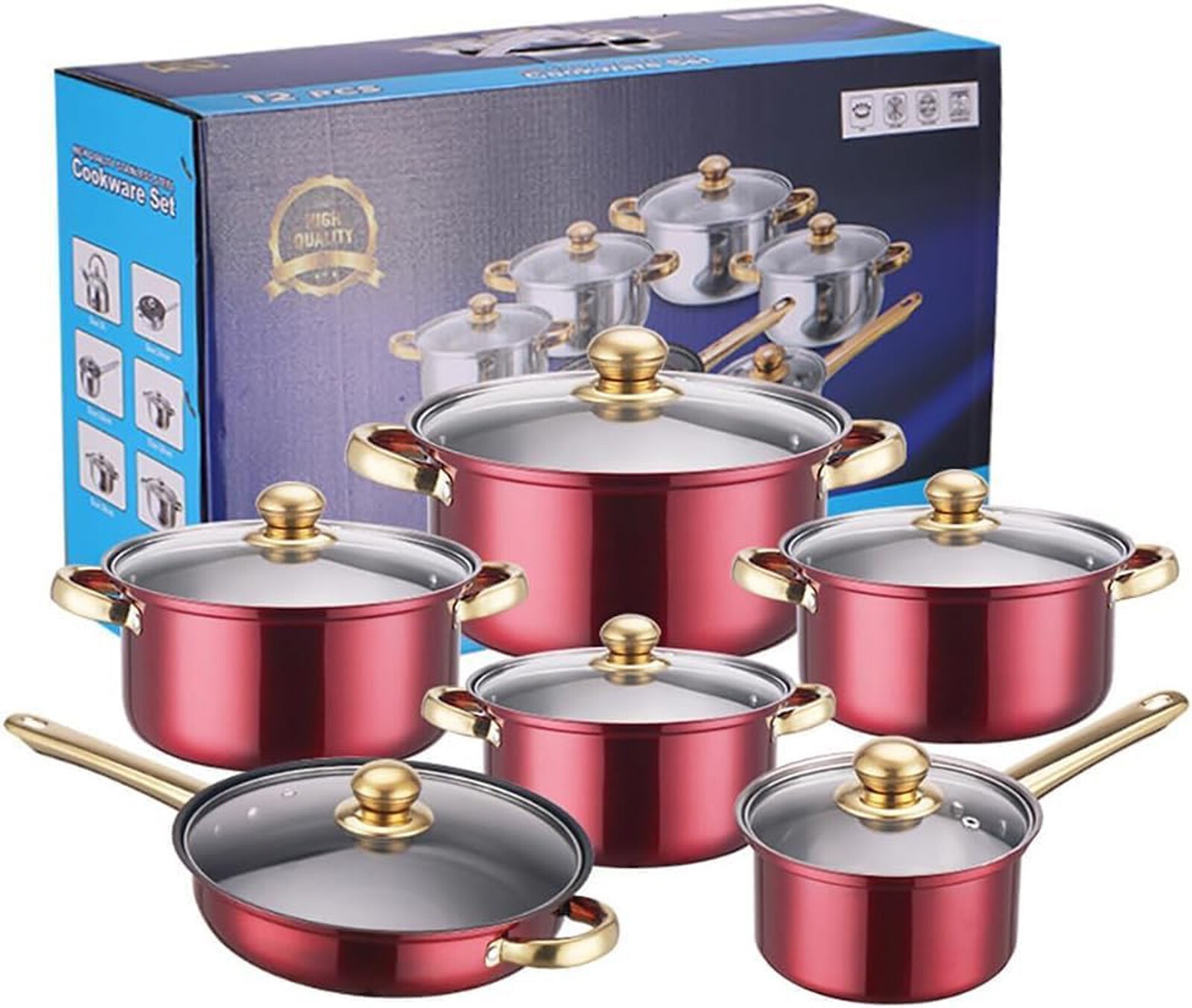 12Pcs Red Stainless Steel Non-Stick Cookware Set Kitchen Pot Frying Pan Saucepan