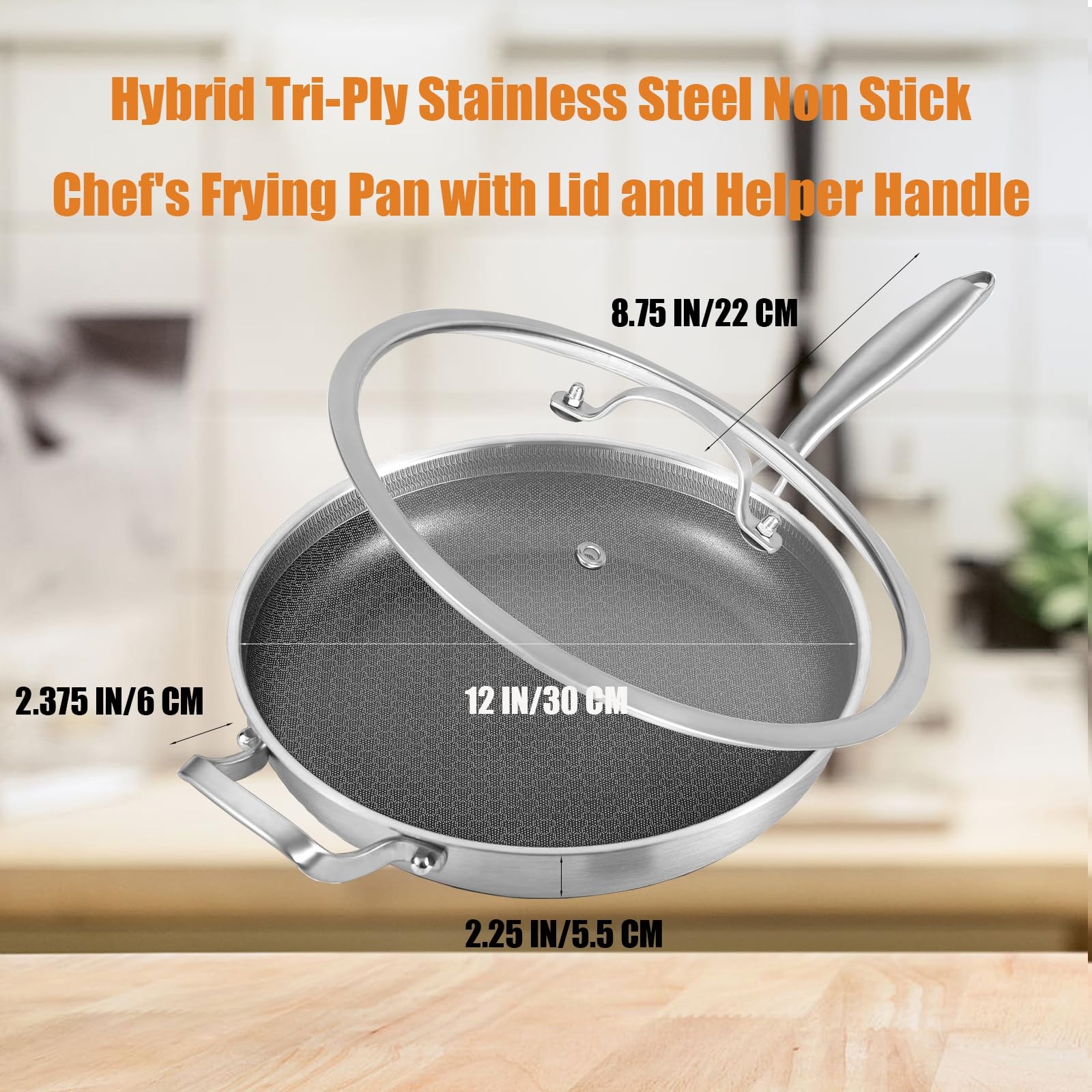 12-Inch Hybrid Tri-Ply Stainless Steel Non Stick Chef’s Frying Pan with Lid a…