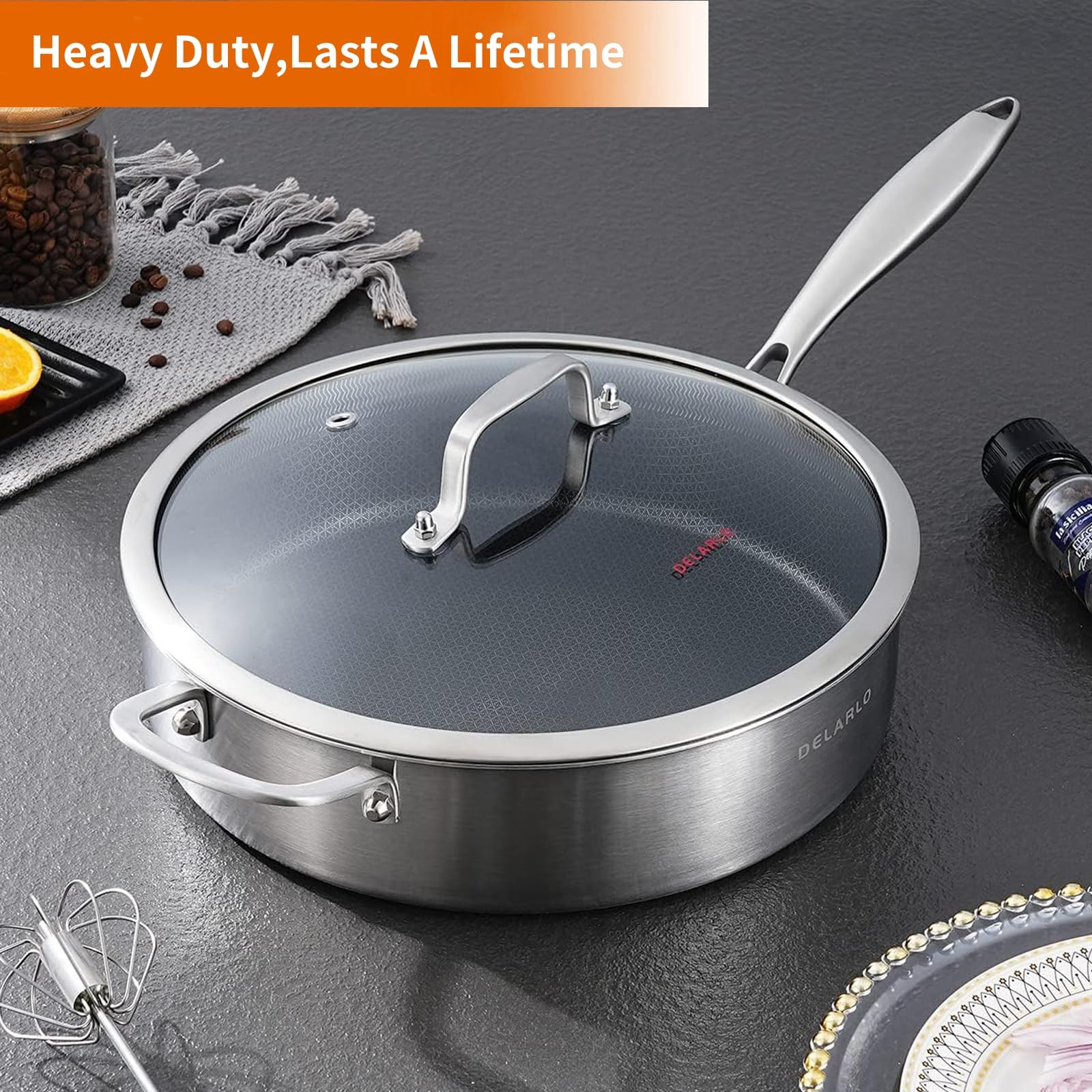 DELARLO Frying Pan,12 inch Tri-Ply Stainless Steel Skillet,6 Quart Saute Pan …