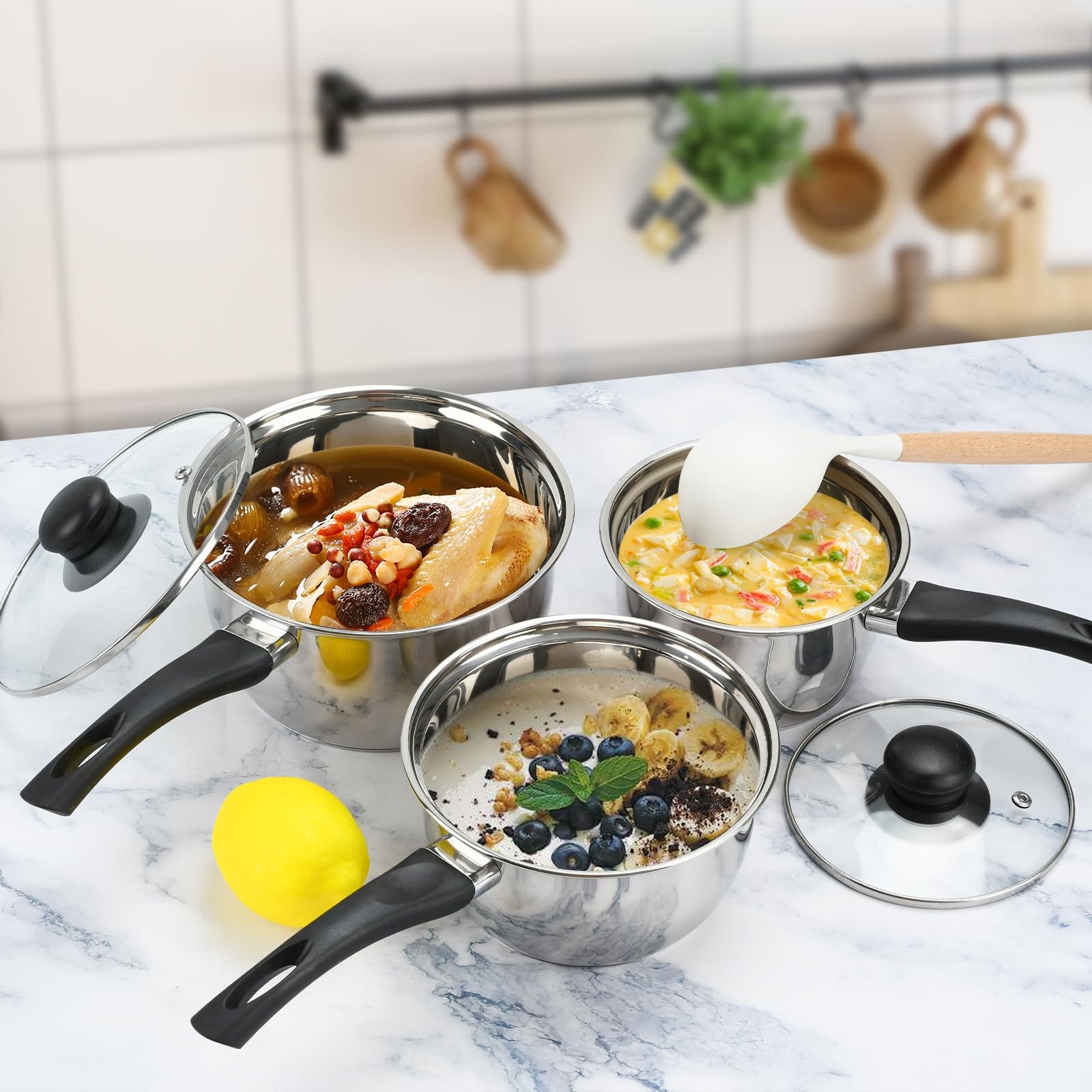 Stainless Steel Pot Set with Lid 6pcsSauce Pans 1QT & 2QT & 3QT SetTriply Bot…