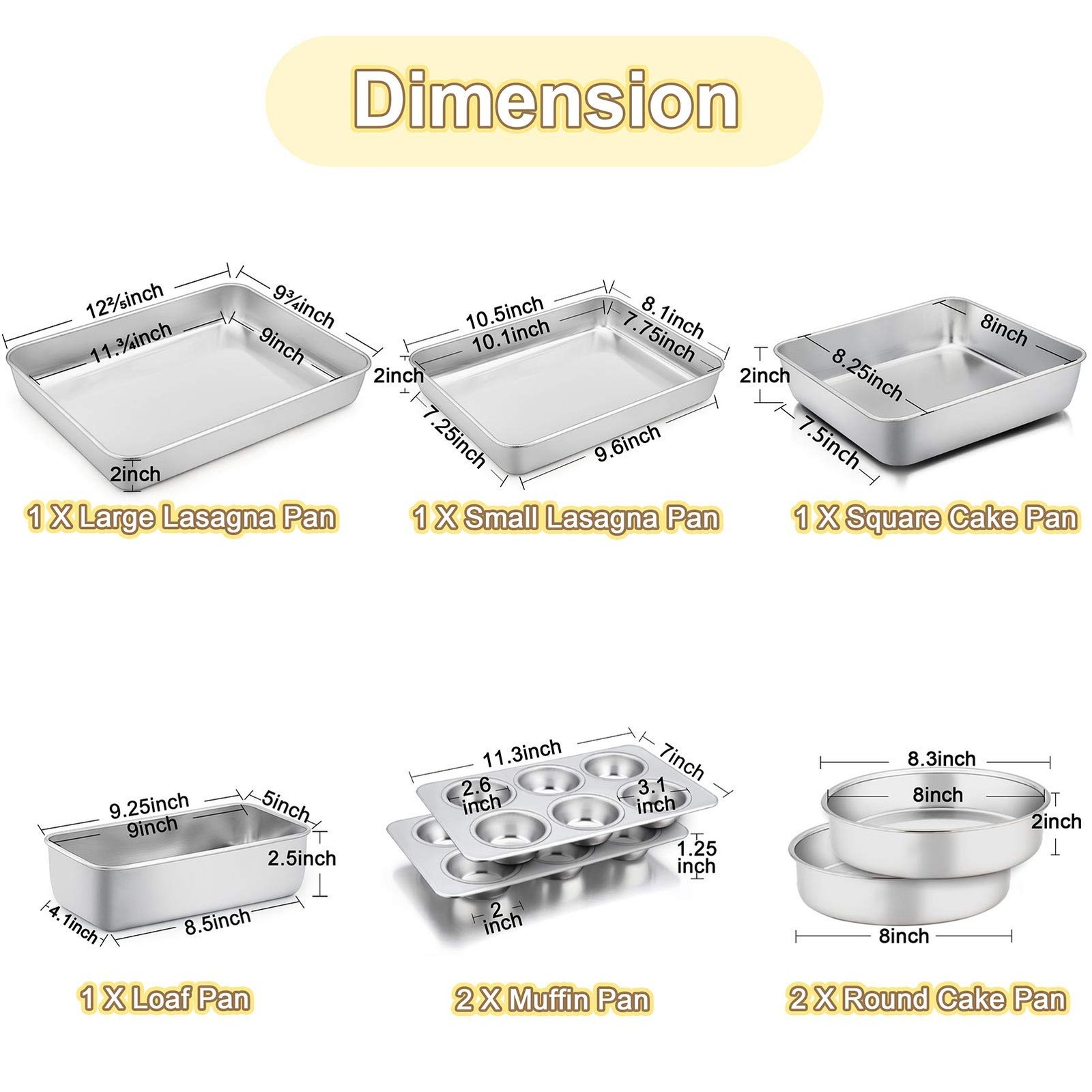 TeamFar Stainless Steel Bakeware Set of 8, Baking 12⅖” x 9¾”x 2”, Silver