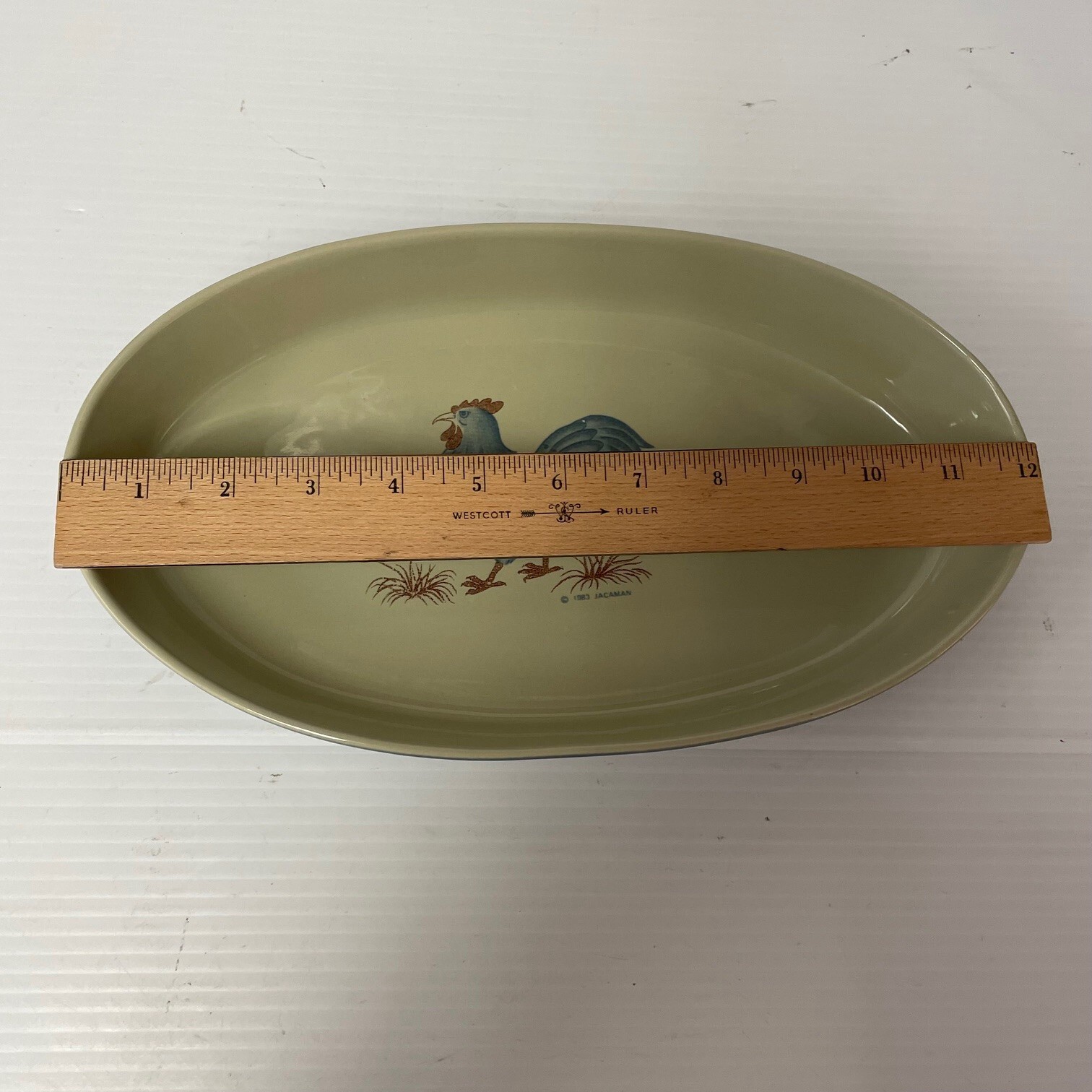 Oval Casserole Blue Rooster On Grey Stoneware By Jacaman Vintage 1983 Nice