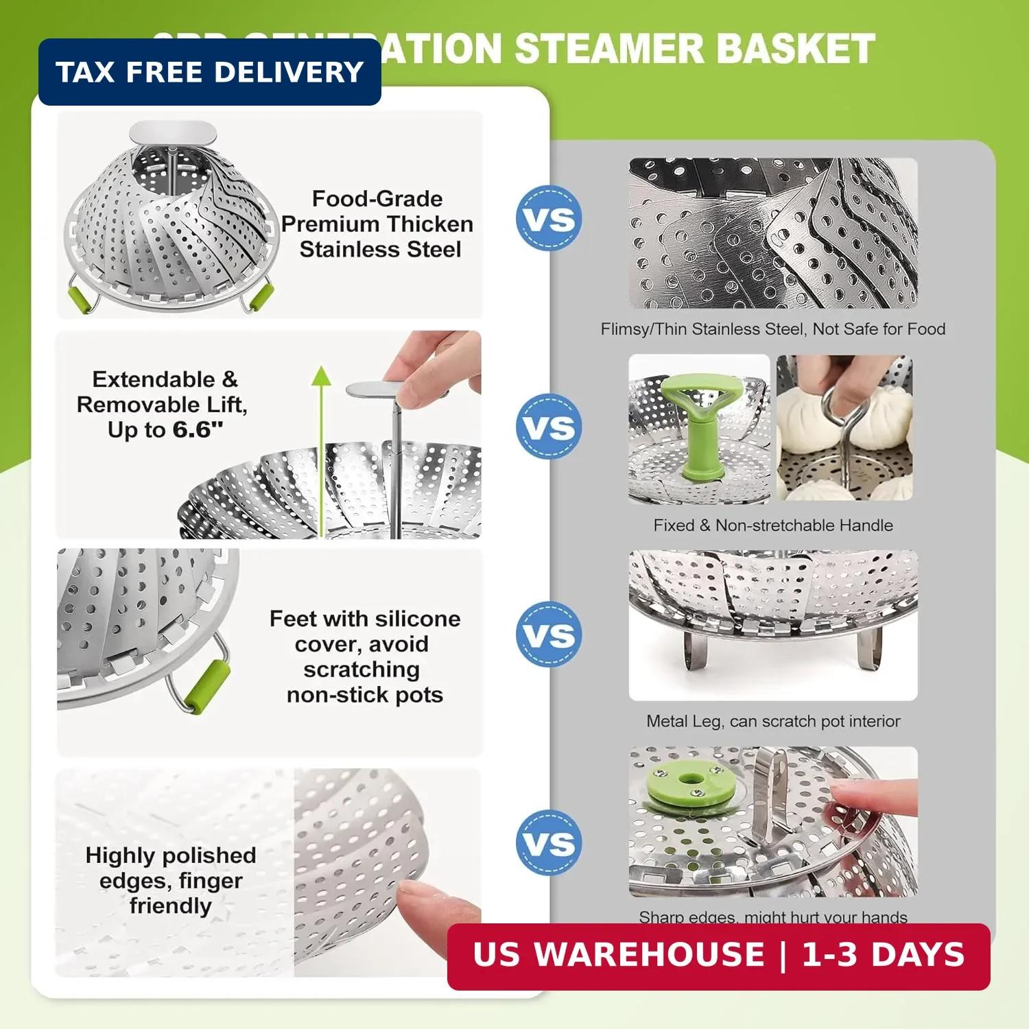 Pavsrmy Steamer Basket, 3rd Generation Stainless Steel Vegetable Steamer with Ex