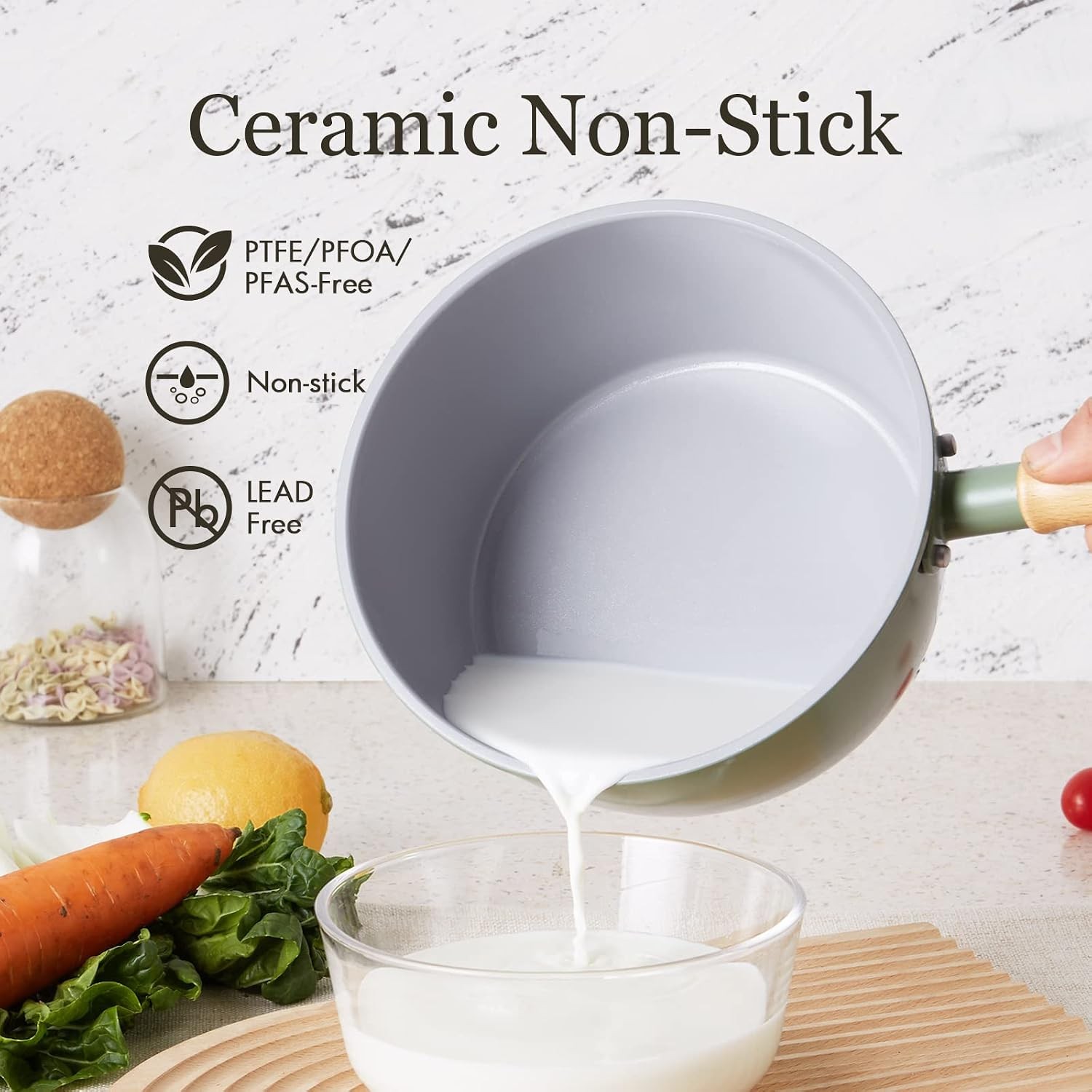 Ceramic Nonstick Sauce Pan 3 QT Pot W/ Steamer Non Toxic & PFAS-Free Wooden