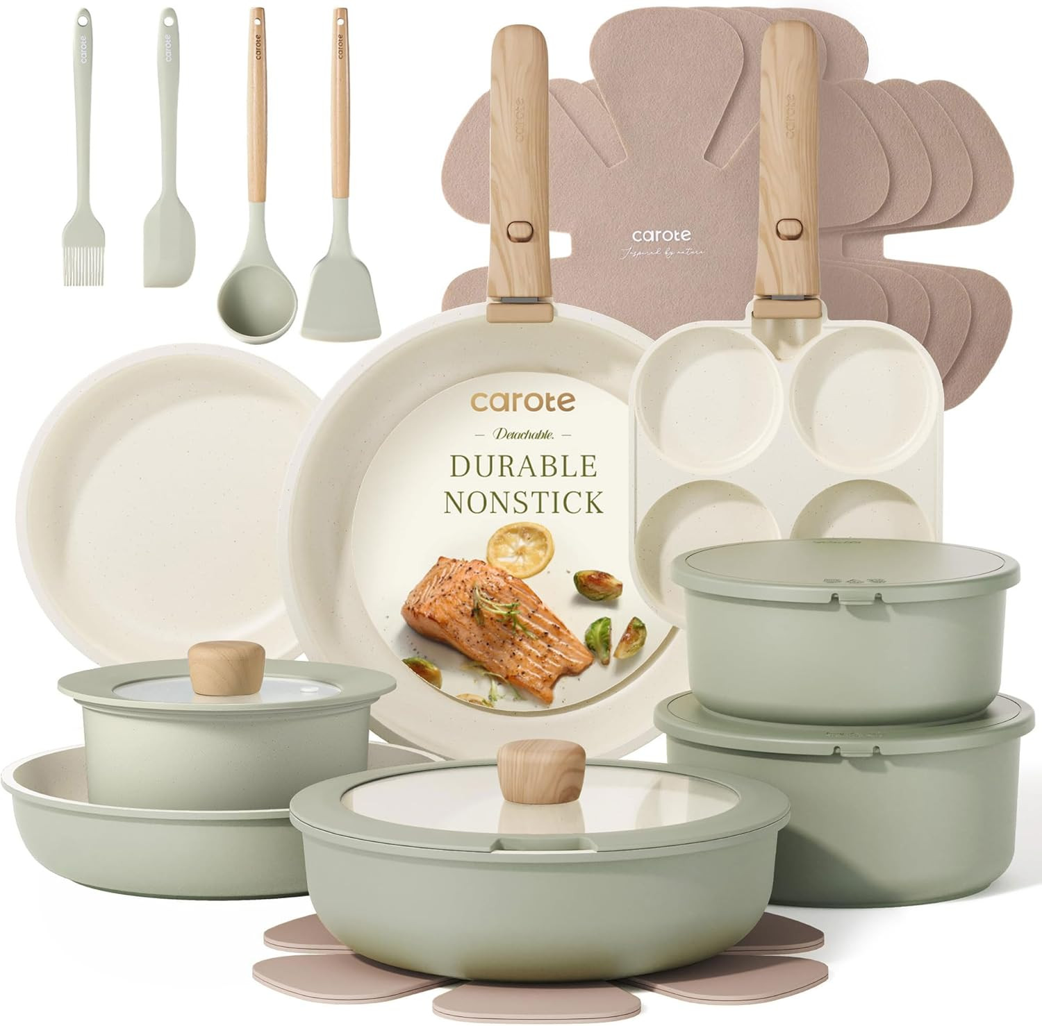 25Pcs Non Stick Cookware Set with Detachable Handle, Space Saving