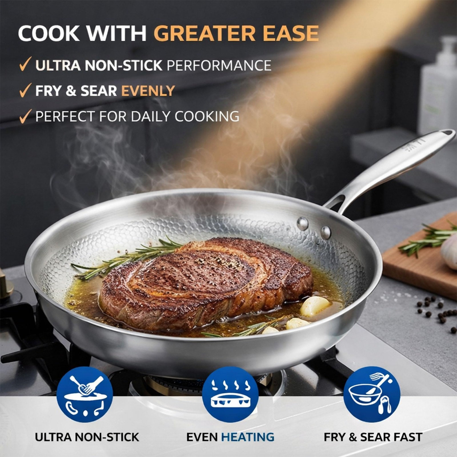 Pure Titanium Hammered Frying Pan with Lid, 12 Inch Skillet, No Coating Cookw…