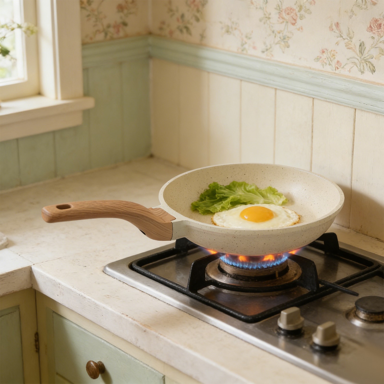 3-Piece Aluminum Nonstick Frying Pan Set Kitchen Healthy Cookware Pan Beige