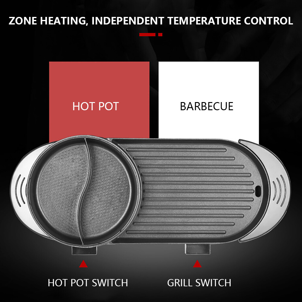 2 In 1 Hot Pot Barbecue Grill Portable Electric Non-stick Teppanyaki Pan Soup