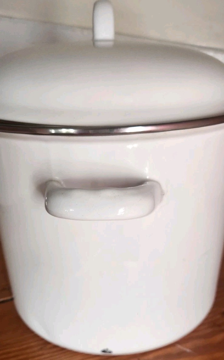 White Enamelware Silver Trim Stock Pot with Handles 6 Qt 12 X8 Farmhouse