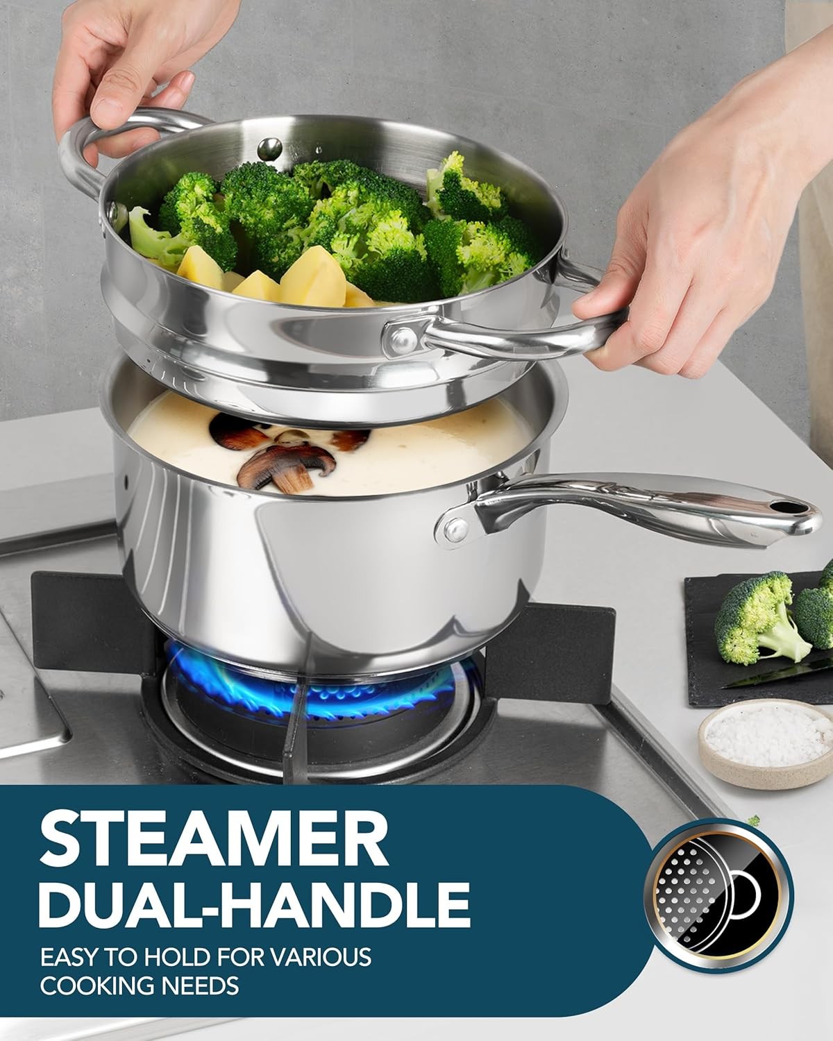 1.5 Quart Saucepan with Steamer, Stainless Steel Saucepan with Lid, Triply