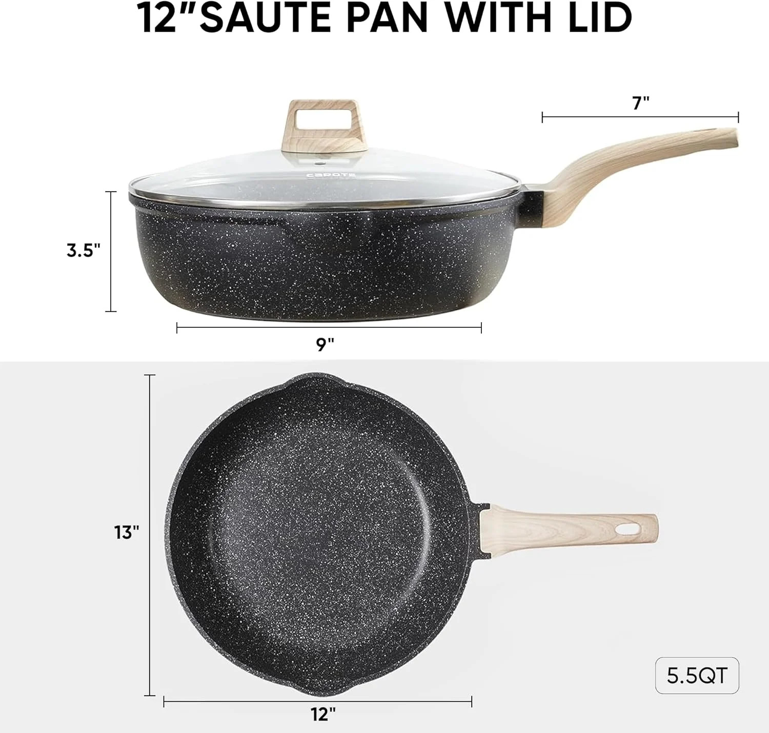 CAROTE 12 Inch Nonstick Deep Frying Pan with Lid, 5.5 Qt Jumbo Cooker Saute Pan