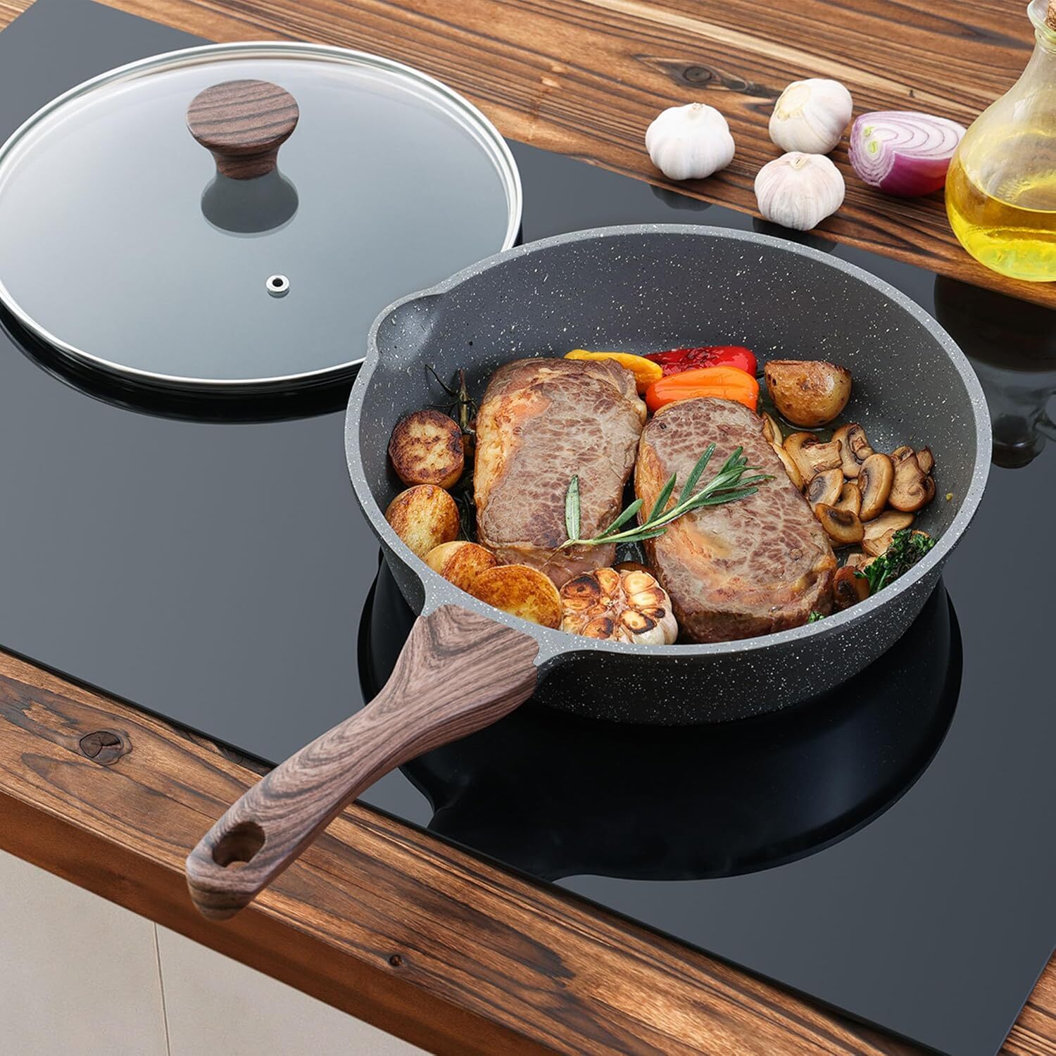 Non-Stick, 10/11/12-Inch Frying Pan with Lid, Non-Scald Handles