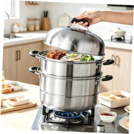 3-Tier Steamer Pot for Cooking Stainless Steel Steam Pot with Lid 12.6Inch