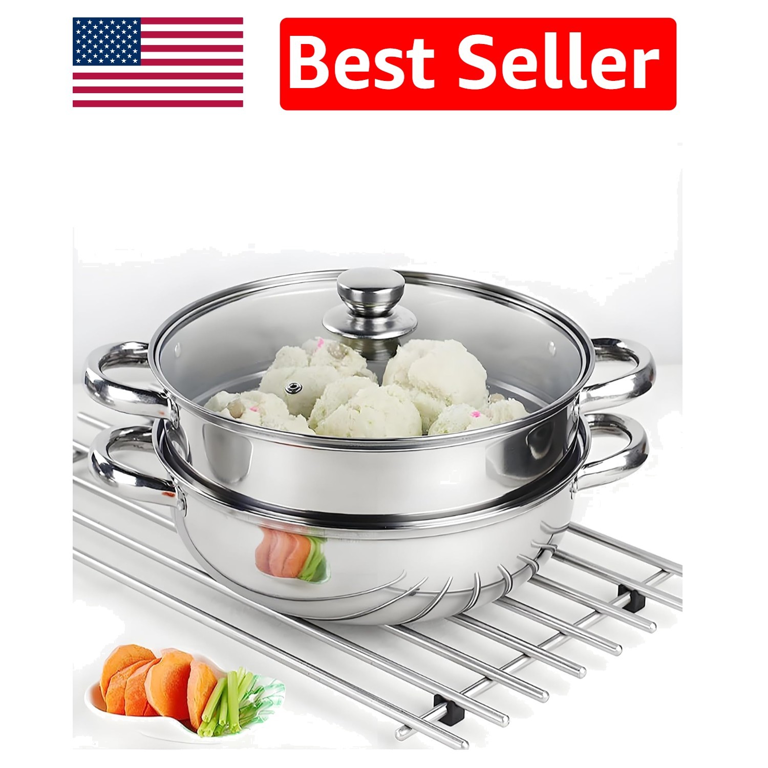28cm 304 Stainless Steel Steamer Pot with Glass Lid for Dumplings & More