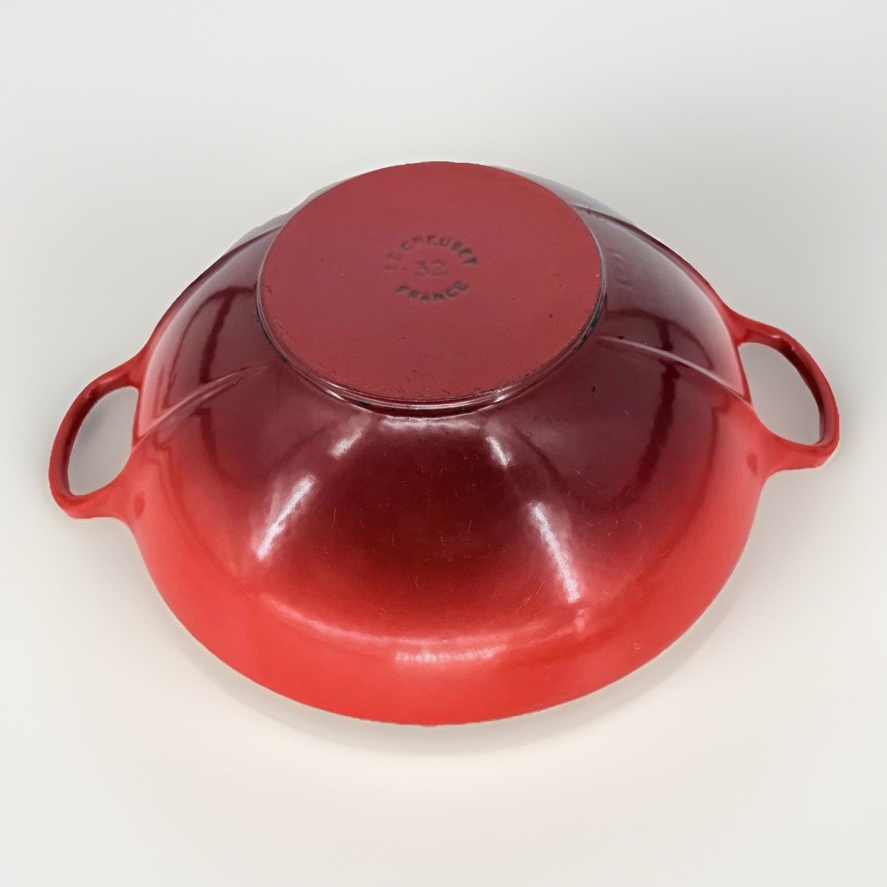 Le Creuset 32 Flame Red Cast Iron Wok 32cm w/ Glass Lid France Enamel