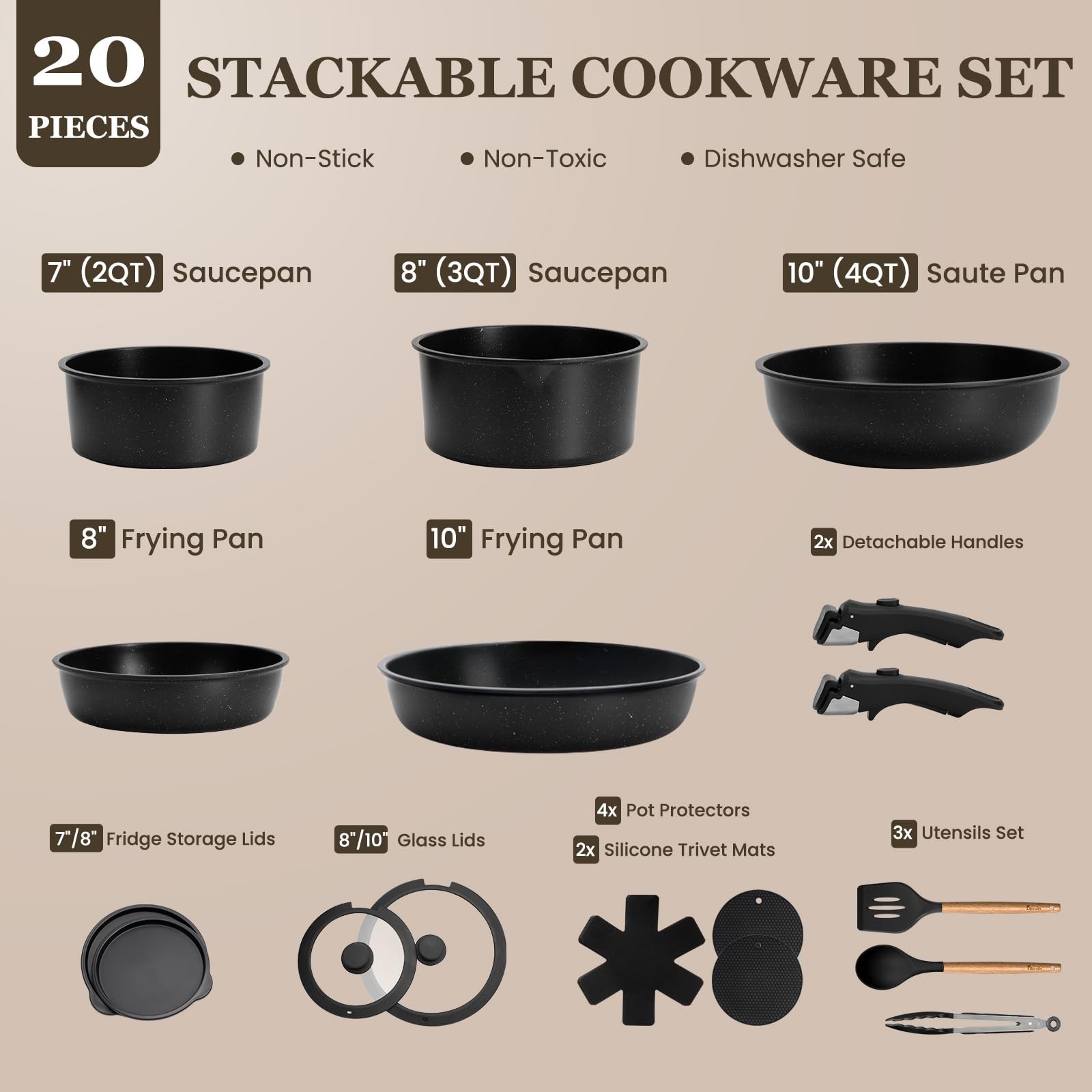 20~Piece Nonstick Cookware Set, Detachable Handle, Induction Safe, Black