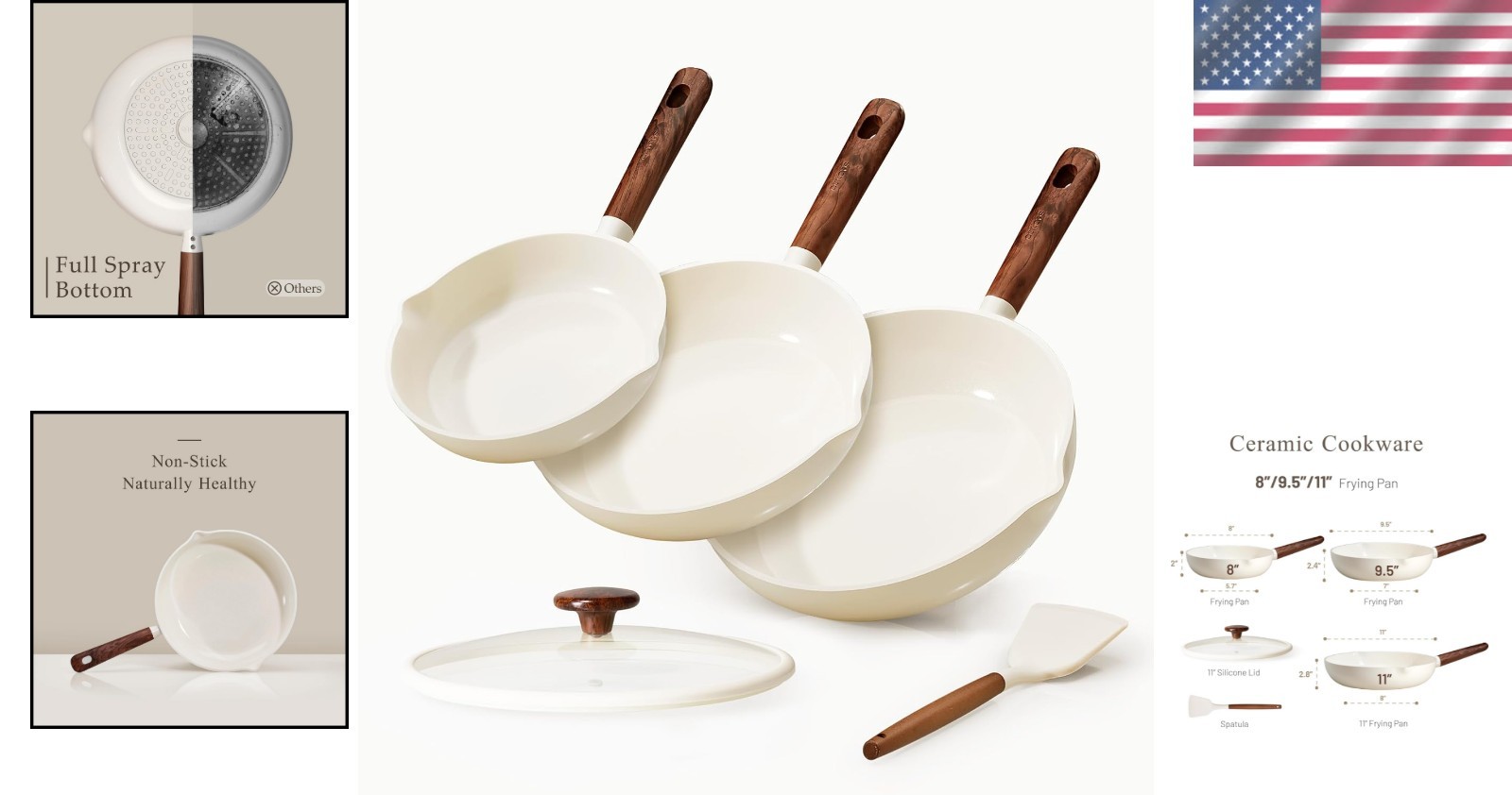 Ceramic Nonstick Frying Pans Set 5PCS Skillets with Lid Spatula Induction Com…