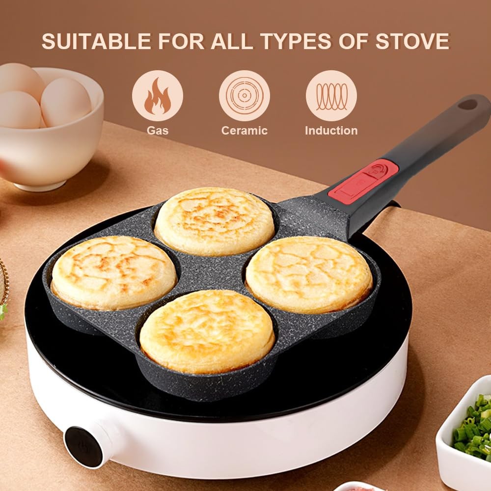 4Cup Nonstick Egg Frying Pancake Pan Detachable Handle Burger Skillet Black