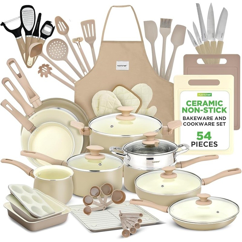 Non Stick Cookware Set W/ Tempered Glass Lids Multi Size Pots Pans Utensils New