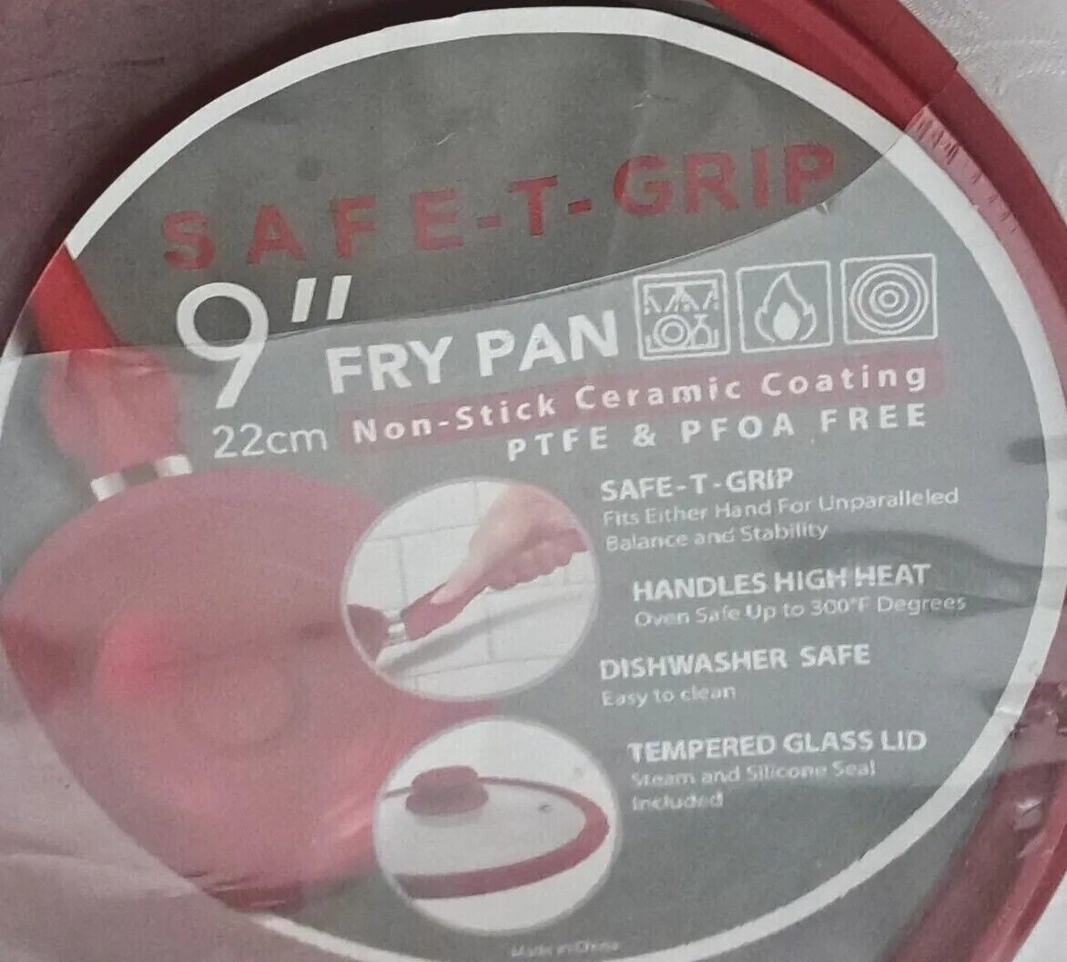 SAFE-T-GRIP 9″ FRY PAN (Red) WITH GLASS LID
