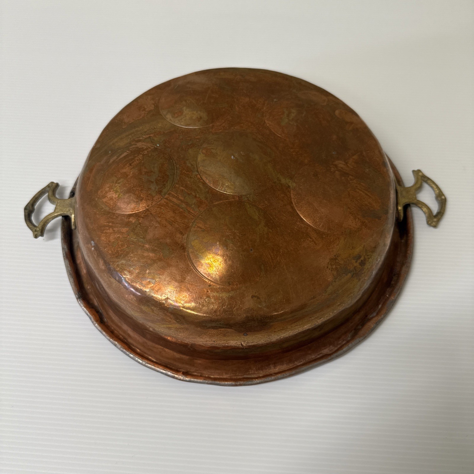 Antique French Copper Egg Poacher Pan 11.5″ Tin Lined Brass Handles Pan